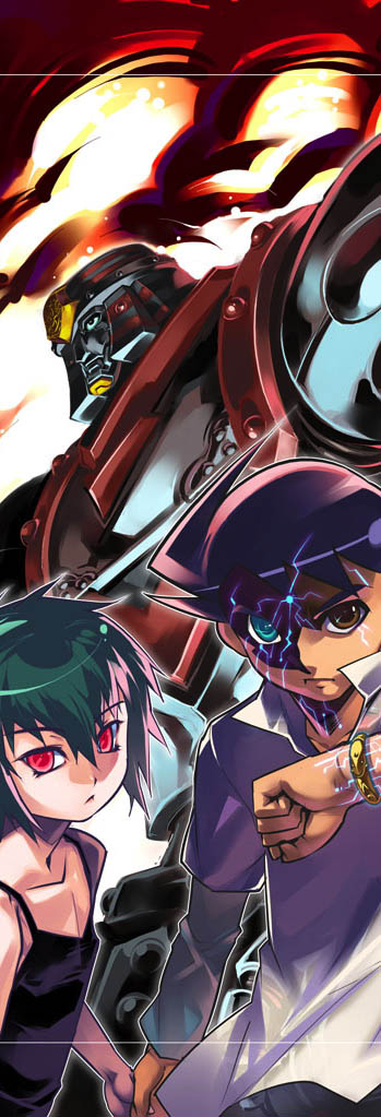 shiro (tamago no kara), shirou, giant robo, black hair, bracelet, green hair, heterochromia, jewelry, mecha, red eyes, robot, super robot