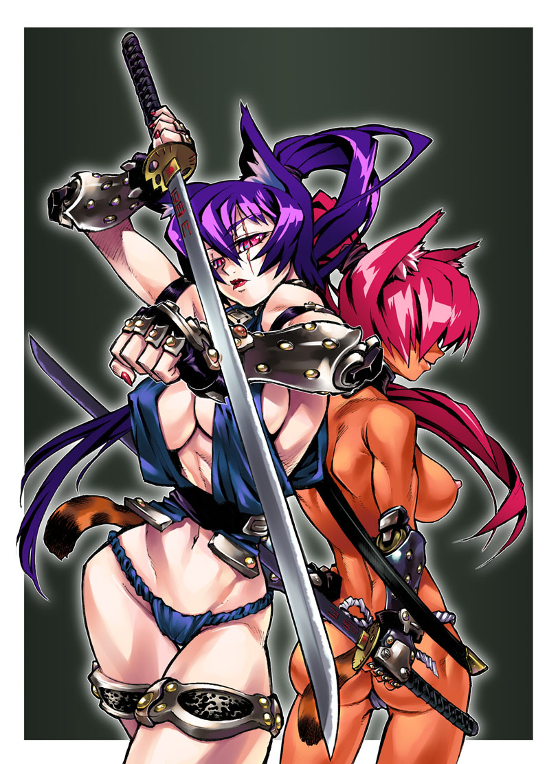 cloe, shirou, lynx, schell, tandem twin, topless, 2girls, ass, back-to-back, blue hair, breasts, gloves, huge breasts, long hair, multiple girls, ninja, ponytail, red hair, scar, slit pupils, sword, tail, tandemtwin, very long hair, weapon