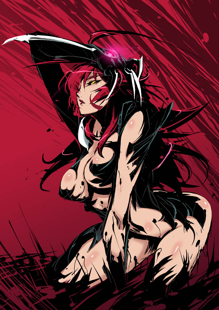 shiro (tamago no kara), amaha masane, witchblade, highres, 00s, 1girl, black sclera, breasts, colored sclera, female focus, huge breasts, red hair, solo, yellow eyes