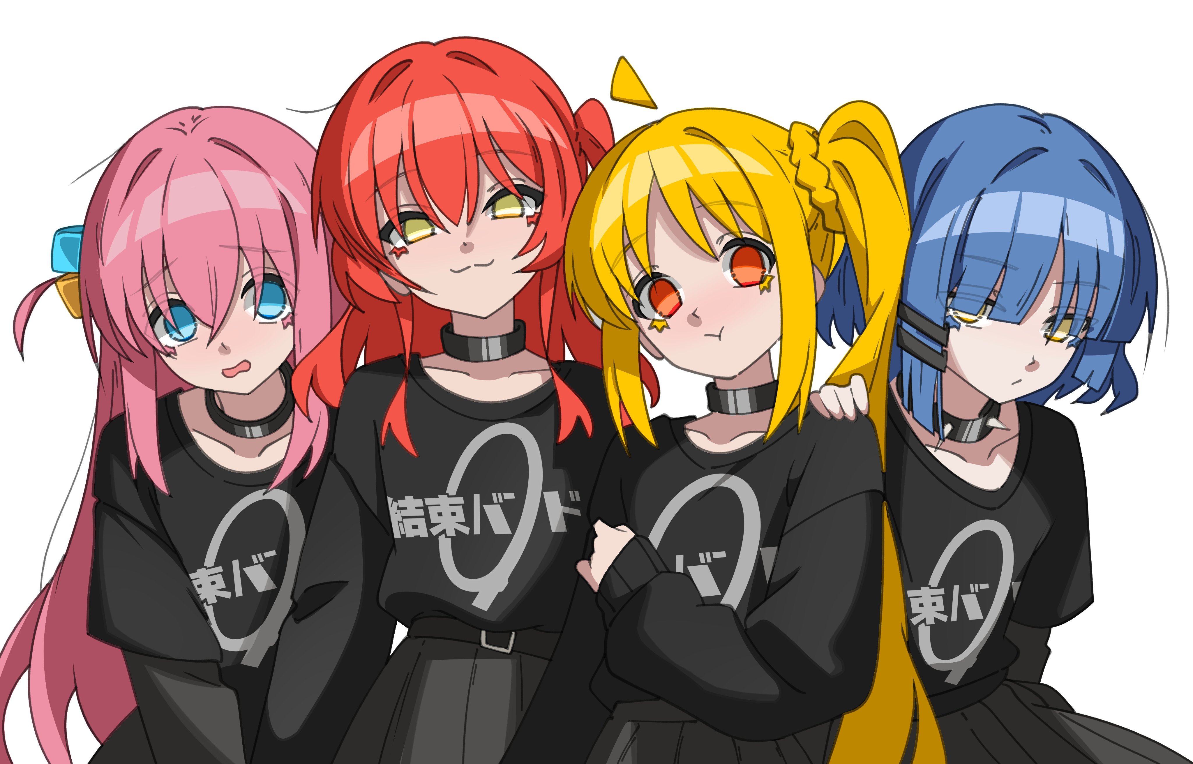 ghuler, gotoh hitori, ijichi nijika, kita ikuyo, yamada ryo, bocchi the rock!, absurdres, highres, 4girls, :3, :t, ahoge, black collar, black skirt, blonde hair, blue eyes, blue hair, collar, cube hair ornament, detached ahoge, group picture, hair ornament, hairclip, hand on another's shoulder, kessoku band, kessoku band logo, kessoku band t-shirt, long hair, looking at viewer, multiple girls, parallel hairclips, pink hair, red eyes, red hair, short hair, side ahoge, side ponytail, simple background, skirt, spiked collar, spikes, white background, yellow eyes