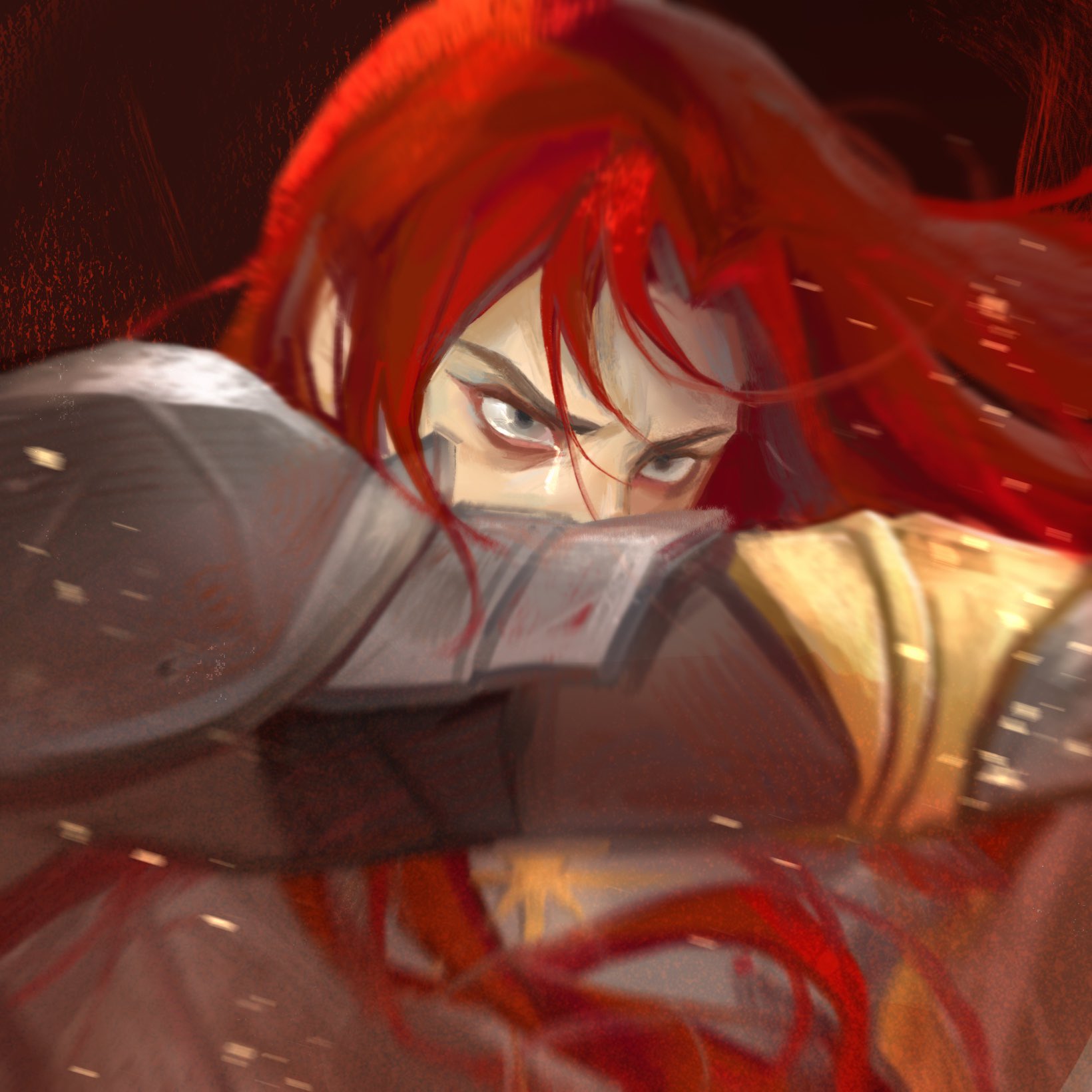 issa crimson, maedhros, the silmarillion, tolkien's legendarium, 1boy, armor, covered mouth, crying, floating hair, grey eyes, male focus, parted bangs, red hair, shoulder armor, solo, tearing up, tears, upper body