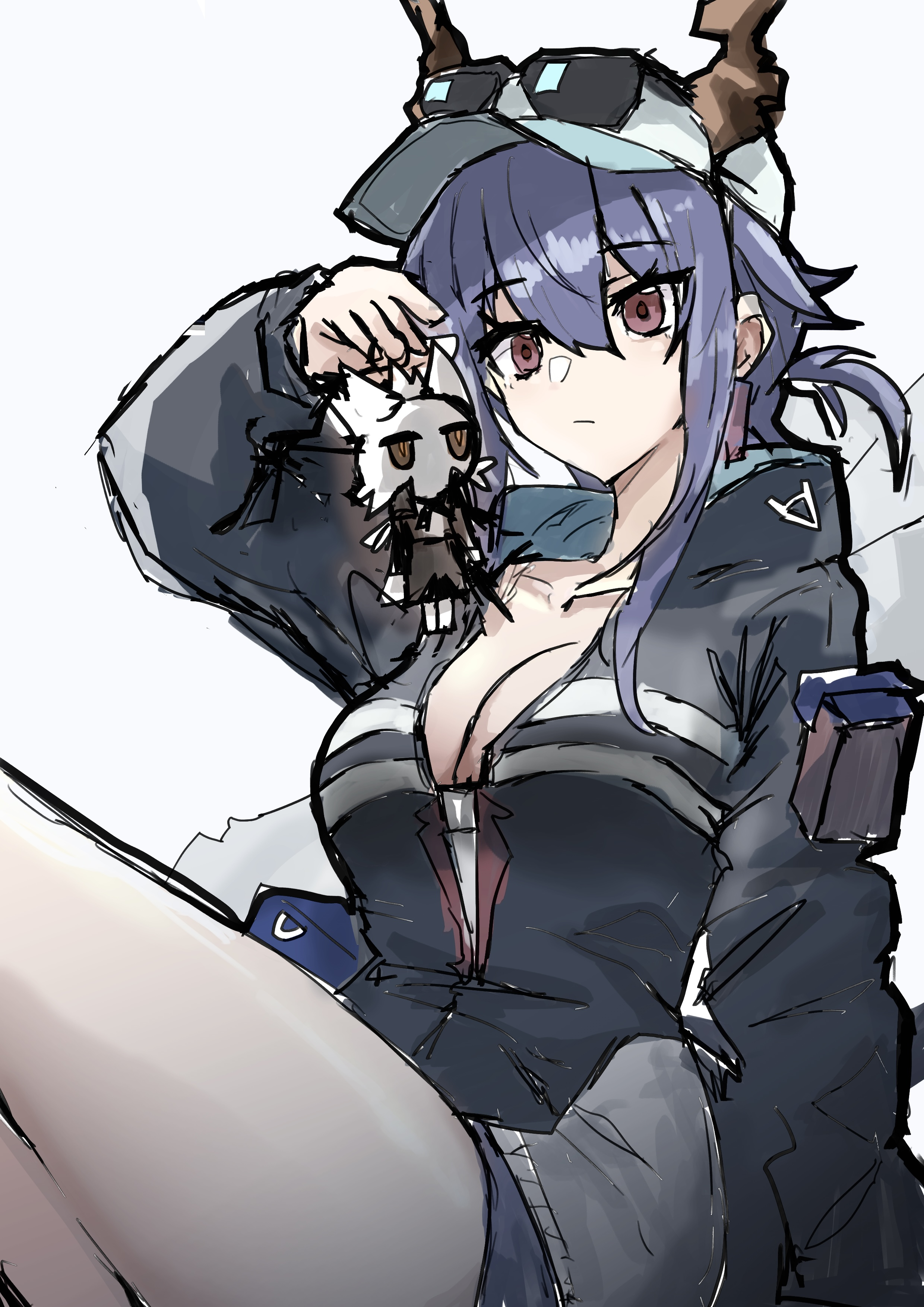 lastmatch500, ch'en (arknights), ch'en the holungday (arknights), talulah (arknights), arknights, absurdres, commentary request, highres, 1girl, baseball cap, blue hair, breasts, character doll, cleavage, closed mouth, collarbone, doll, dragon girl, dragon horns, dragon tail, eyewear on headwear, feet out of frame, hair between eyes, hat, holding, holding doll, horns, horns through headwear, large breasts, long hair, micro shorts, official alternate costume, red eyes, shorts, sketch, sunglasses, tail, thighs, white background