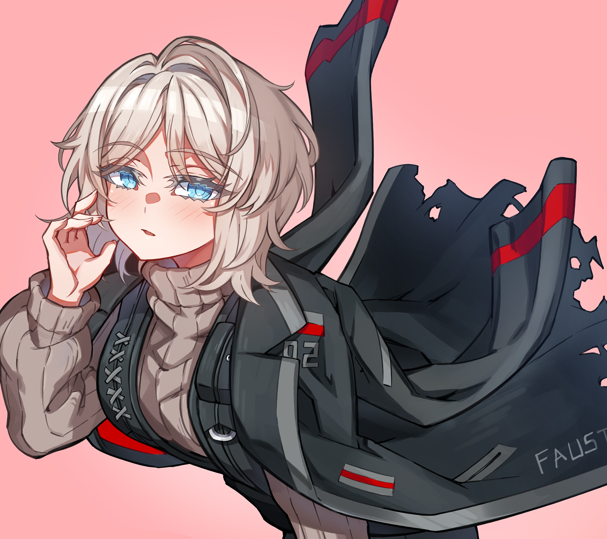 junji 17, faust (project moon), limbus company, project moon, commentary, highres, 1girl, black jacket, blue eyes, blush, grey hair, grey sweater, jacket, long sleeves, looking at viewer, open mouth, pink background, short hair, simple background, solo, sweater