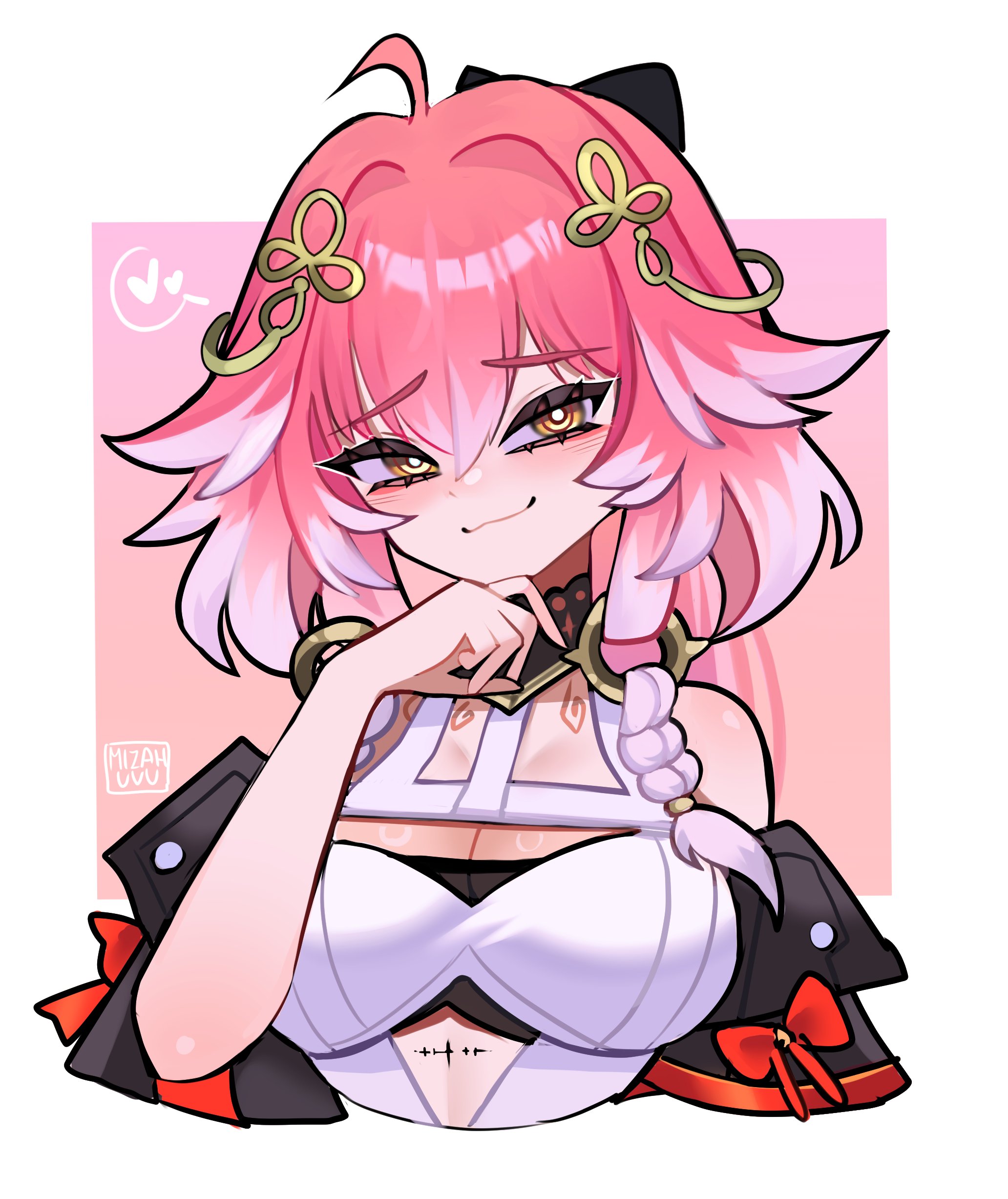 mizah (mizah), changli (wuthering waves), wuthering waves, absurdres, commentary, english commentary, highres, 1girl, ahoge, artist name, bare shoulders, body markings, border, braid, breasts, bright pupils, cleavage, closed mouth, cropped torso, hair between eyes, hair extensions, hair ornament, hand up, large breasts, looking at viewer, multicolored hair, pink background, pink hair, ring hair extensions, smile, solo, tacet mark (wuthering waves), two-tone hair, white border, white hair, white pupils, yellow eyes