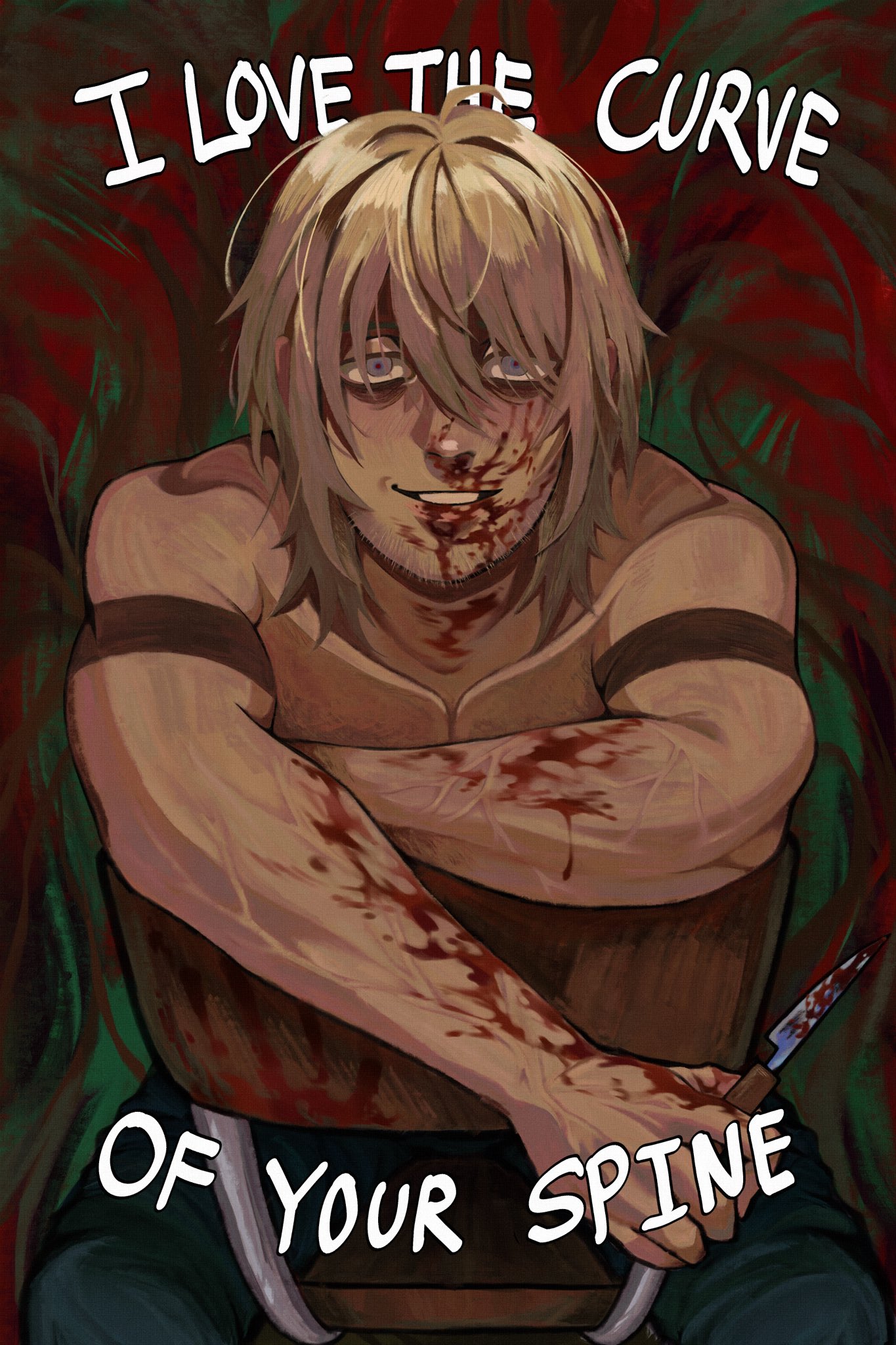 boyfriend to death, highres, 1boy, arm garter, bags under eyes, blonde hair, blood, blood splatter, chair, elbow rest, english text, grey eyes, hair between eyes, holding, holding scalpel, lawrence oleander, leaning forward, looking at viewer, male focus, medium hair, messy hair, no shirt, on chair, pumpk1n 251, scalpel, sidelocks, solo, veins, wooden chair