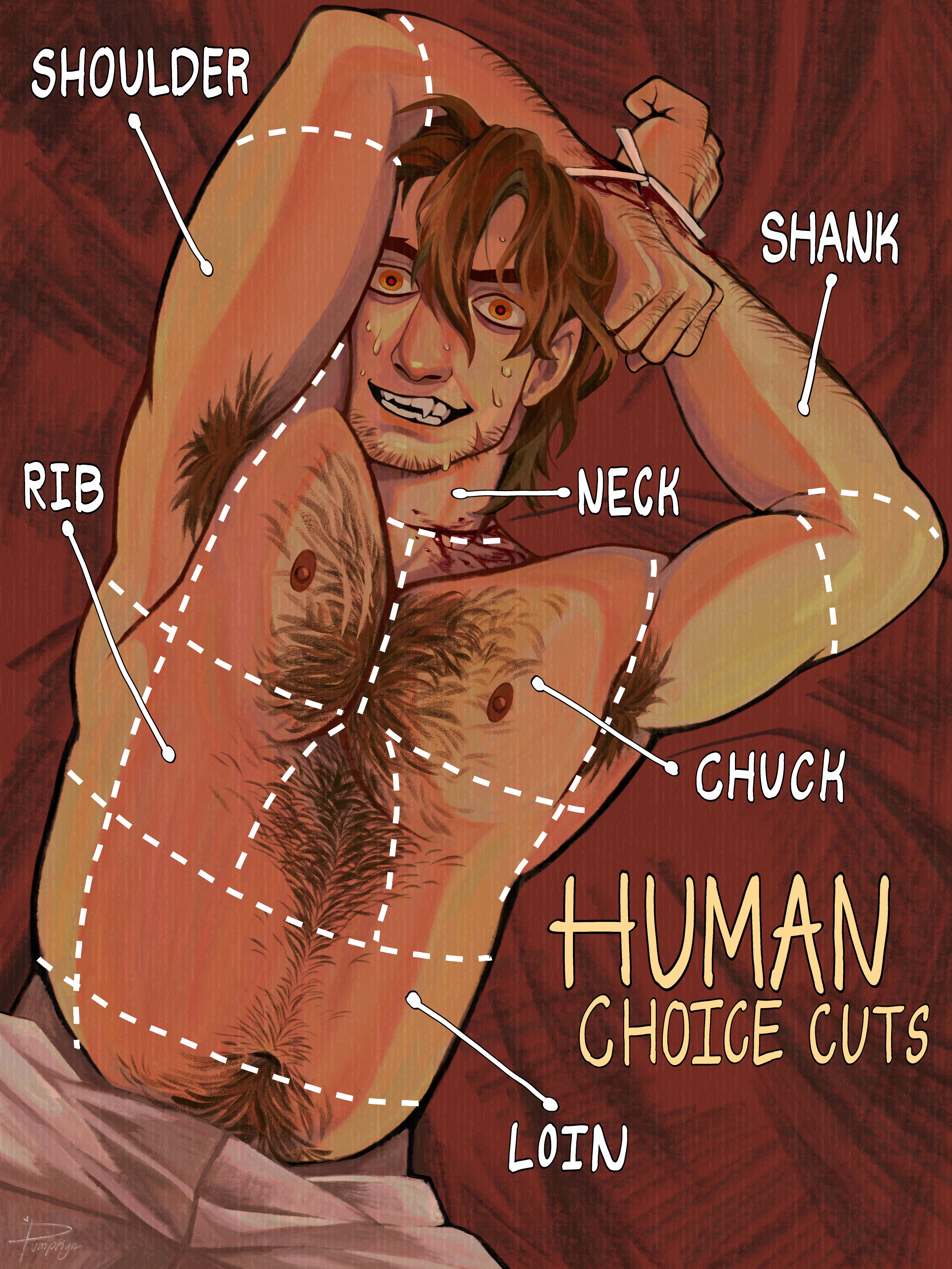 boyfriend to death, absurdres, commentary, english commentary, highres, 1boy, anatomy, armpit hair, arms behind head, arrow (symbol), bleeding, blood, bound, bound wrists, brown hair, chest hair, constricted pupils, cowboy shot, crazy eyes, diagram, dotted line, english text, facial hair, goatee stubble, hair between eyes, implied cannibalism, injury, looking at viewer, male focus, male underwear, meat chart, pants, pubic hair, pumpk1n 251, red eyes, short hair, solo, strade (boyfriend to death), stubble, sweat, underwear