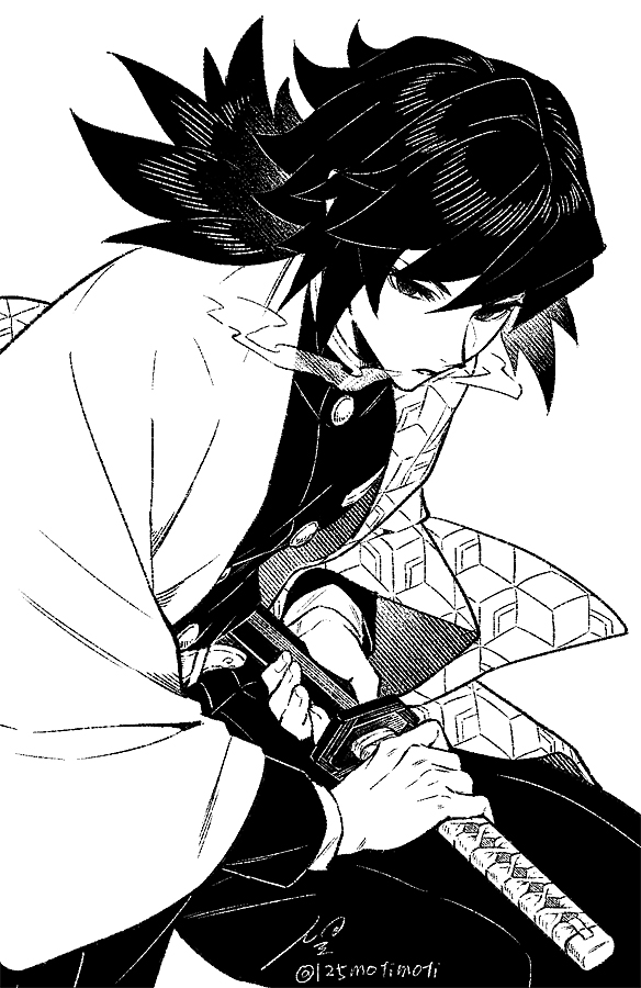 sujiko (125motimoti), tomioka giyuu, kimetsu no yaiba, 1boy, artist name, holding, holding sword, holding weapon, japanese clothes, katana, kikkoumon, low ponytail, male focus, ponytail, signature, solo, spiked hair, sword, twitter username, weapon