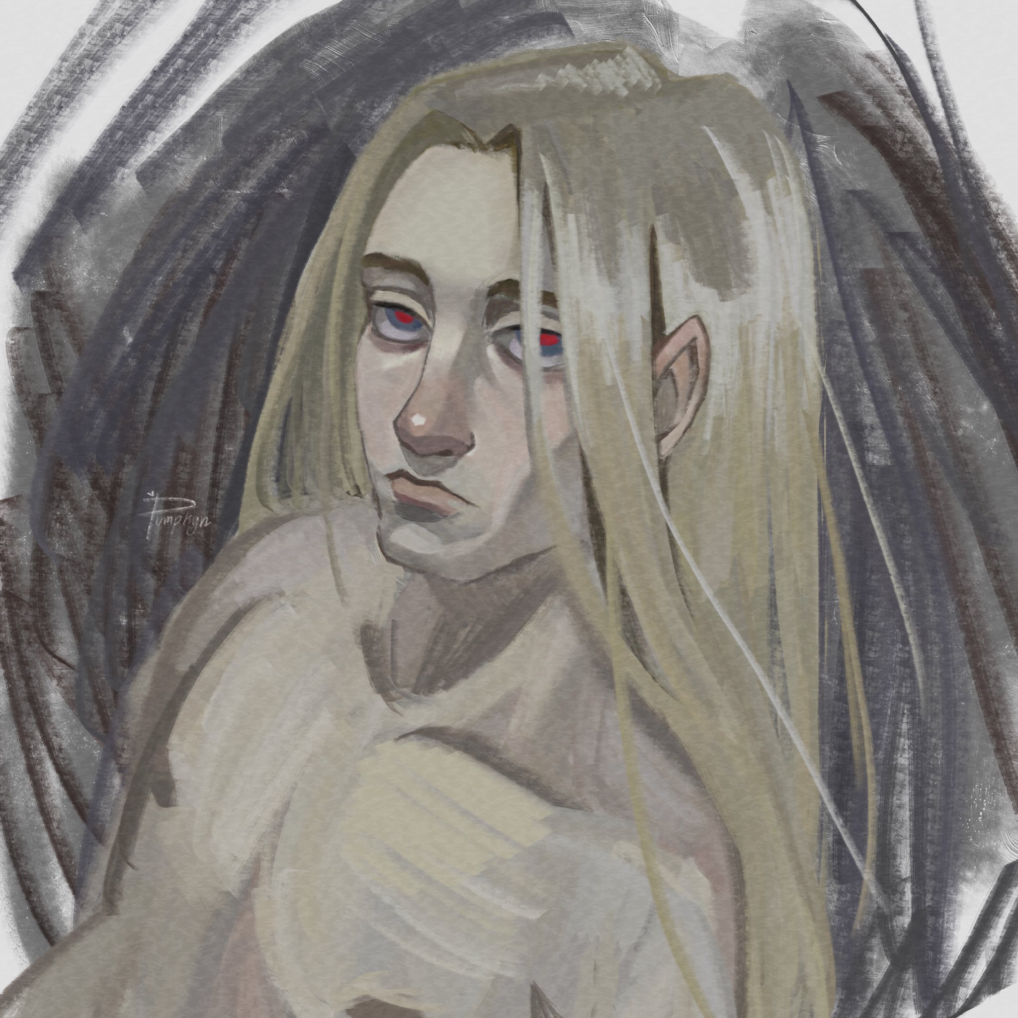 highres, 1boy, :/, bags under eyes, blonde hair, blue eyes, chilling devotion, jim walters, long hair, looking at viewer, male focus, no shirt, painterly, pectorals, pointy ears, pout, pumpk1n 251, red pupils, solo, upper body