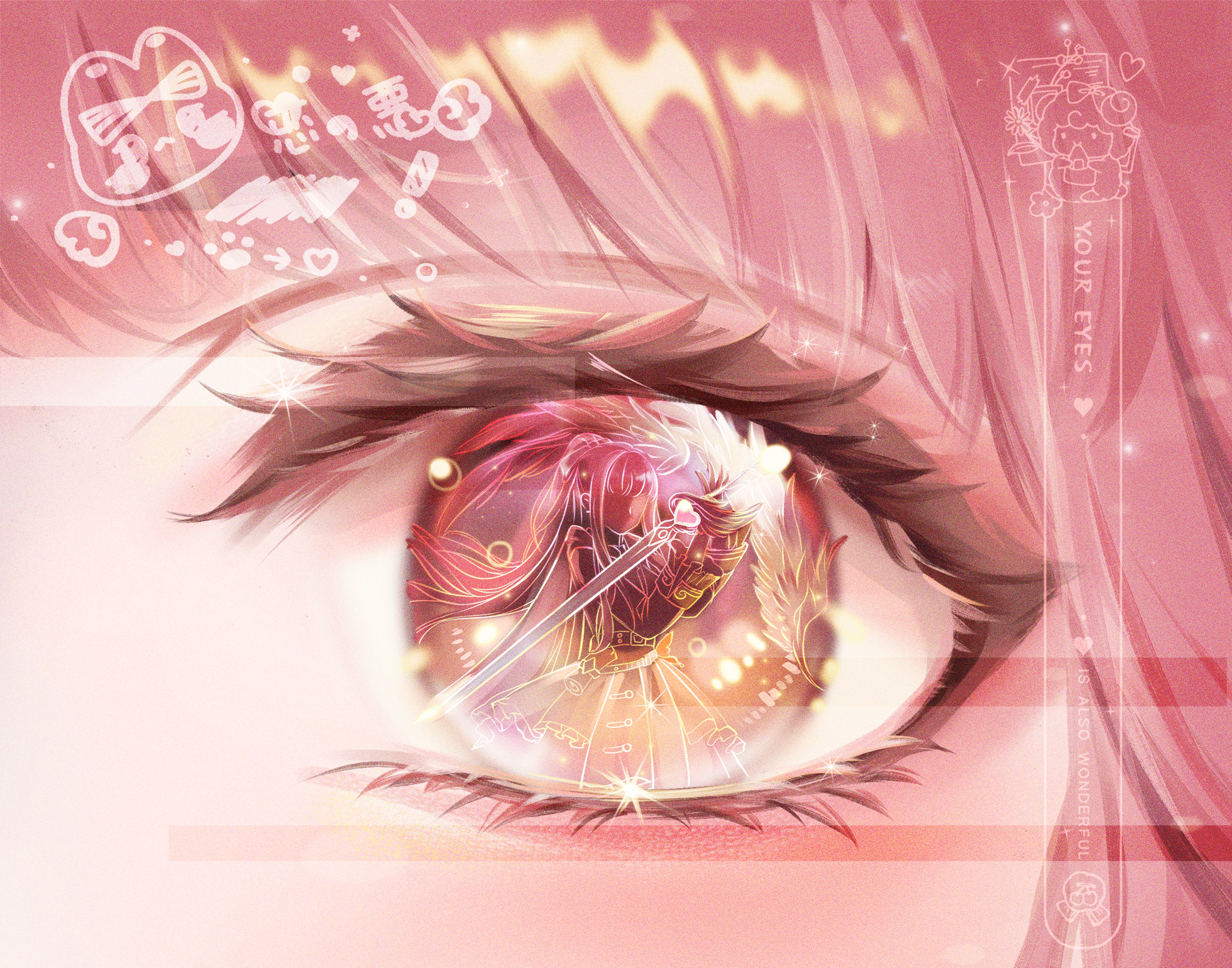 nikki (nikki), miracle nikki, nikki (series), chinese commentary, commentary request, commission, highres, 1girl, aegyo sal, back bow, beibei-nuliqinggaoban, belt, belt buckle, blazer, bow, bubble, buckle, cape, close-up, eye focus, eye reflection, eyelashes, faceless, faceless female, floating hair, frilled sleeves, frills, heart, holding, holding sword, holding weapon, jacket, light chaser (miracle nikki), light particles, long hair, long sleeves, miniskirt, pink hair, pleated skirt, ponytail, reflection, reflection focus, sample watermark, skirt, solo, sword, very long hair, watermark, weapon