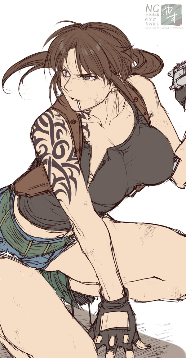yasunososaku, revy (black lagoon), black lagoon, 1girl, belt, black shirt, breasts, brown hair, cigarette, denim, denim shorts, fingerless gloves, gloves, gun, holding, holding gun, holding weapon, looking to the side, ponytail, shirt, shoelaces, shorts, shoulder tattoo, tank top, tattoo, thighs, torn clothes, weapon