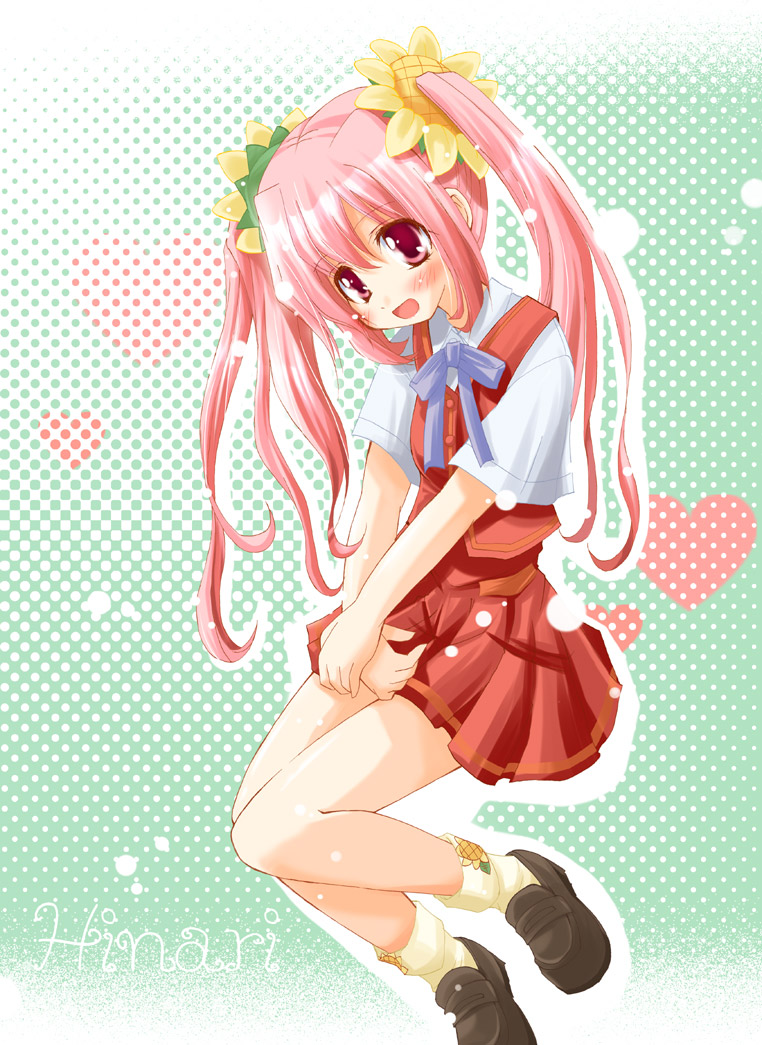 minadori naya, hinari, himawari no chapel de kimi to, 1girl, blush, female focus, flower, hair flower, hair ornament, heart, long hair, pink eyes, pink hair, polka dot, ribbon, school uniform, serafuku, skirt, socks, solo, sunflower, twintails, vest