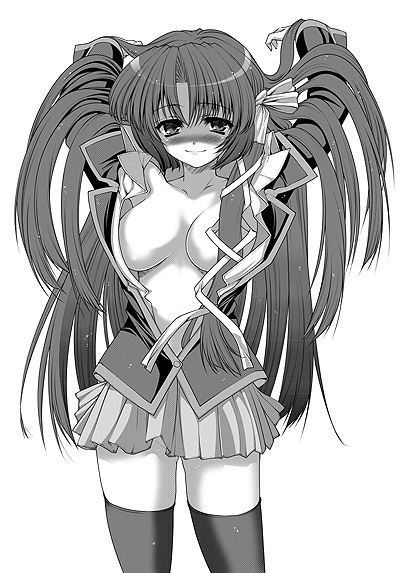 yoshida inuhito, kurugaya yuiko, little busters!, greyscale, monochrome, open clothes, open shirt, shirt, solo, thighhighs, zettai ryouiki