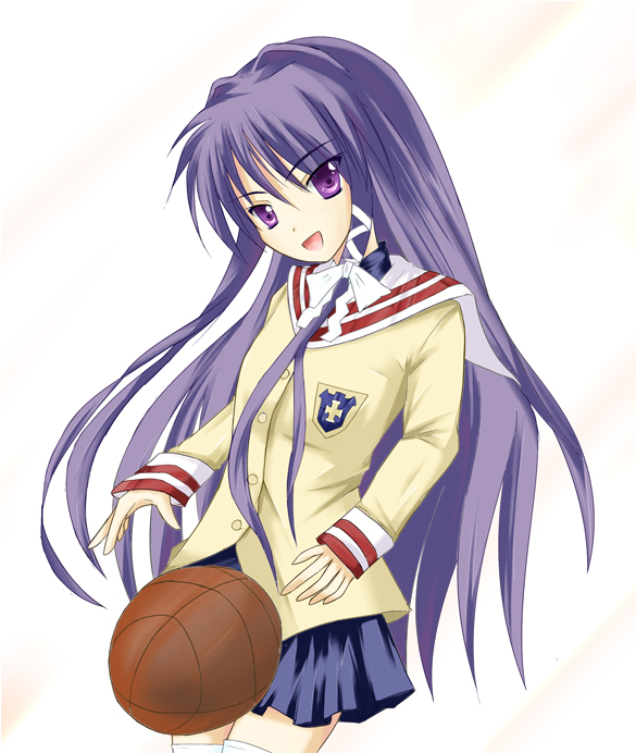 masaki eiji, fujibayashi kyou, clannad, 00s, 1girl, american football, ball, bare legs, basketball, basketball (object), emblem, female focus, hair intakes, long hair, looking at viewer, simple background, sleeve cuffs, solo, thighs, very long hair, white background