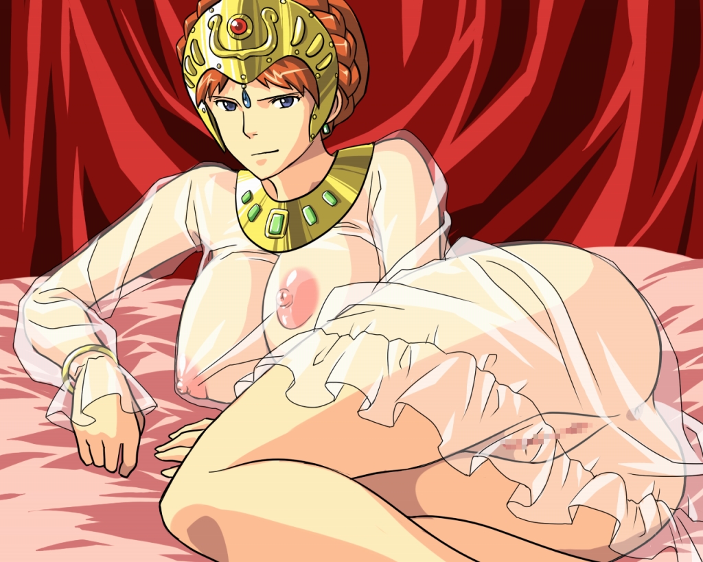orga, kushana, kaze no tani no nausicaa, studio ghibli, 1980s (style), 1girl, bed, blue eyes, breasts, censored, crown, female focus, hat, large breasts, lingerie, nightgown, nipples, oldschool, pussy, red hair, retro artstyle, see-through clothes, solo, underwear