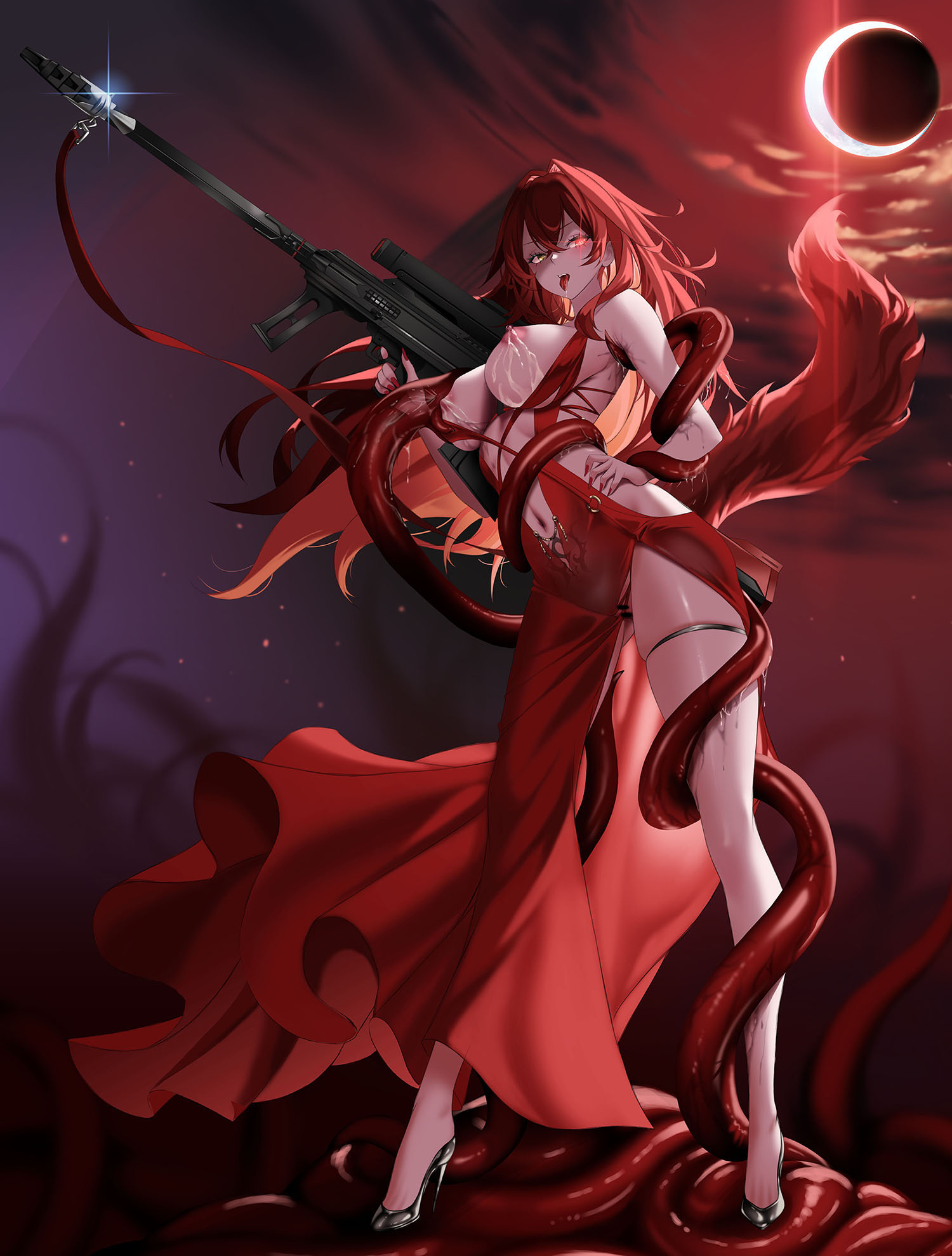 mad kimo, character request, commission, copyright request, highres, 1girl, bar censor, black shoes, breasts, censored, dress, eclipse, gleam, gun, hand on own hip, heterochromia, high heels, holding, holding gun, holding weapon, lactation, large breasts, long hair, navel, nipples, red dress, red eyes, red hair, red nails, saliva, shoes, solo, tail, tentacles, thigh strap, tongue, tongue out, weapon, yellow eyes
