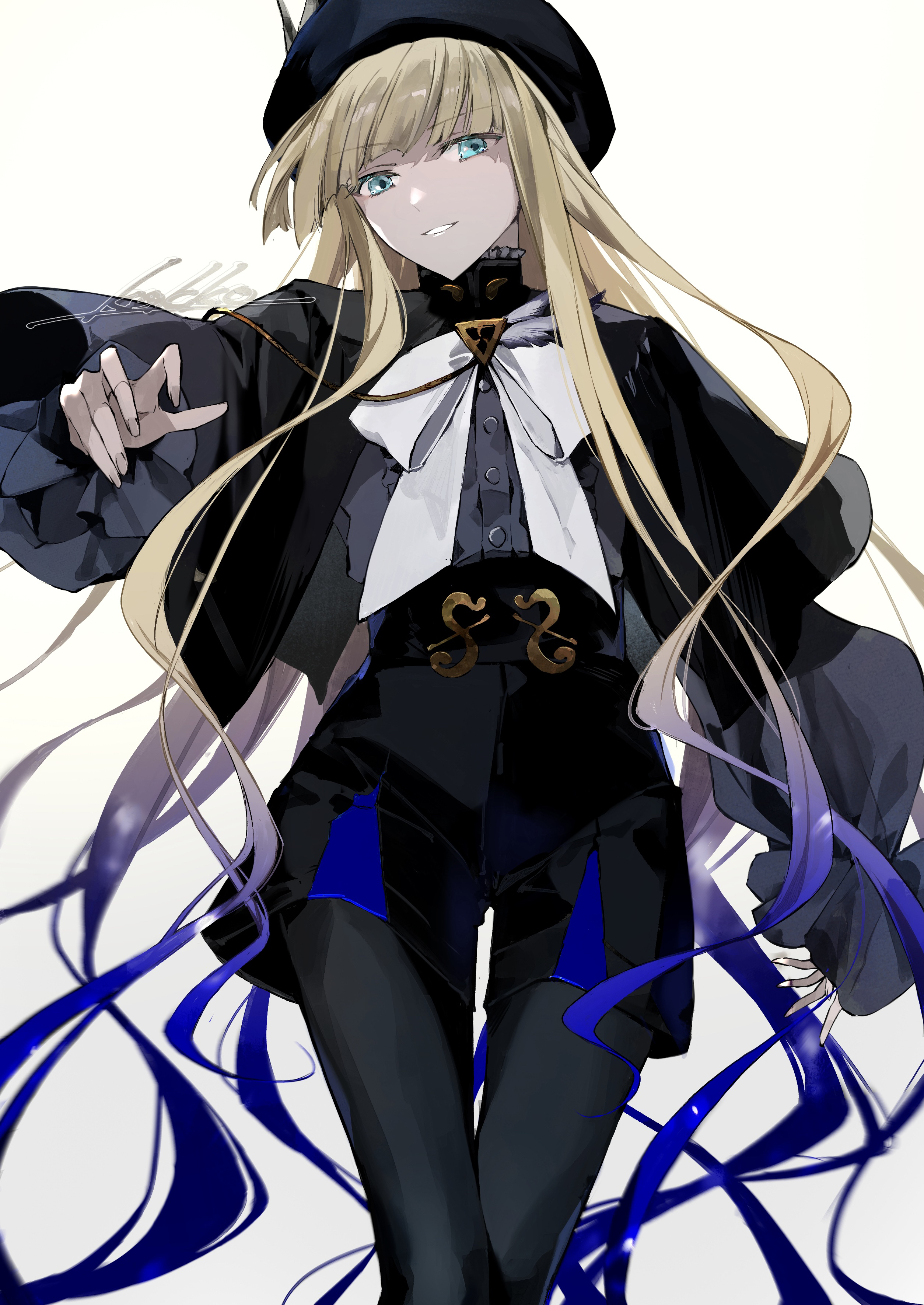 kino kokko, fate/grand order, fate (series), absurdres, highres, 1boy, aiguillette, beret, black capelet, black hat, black shorts, blonde hair, blue hair, bow, bowtie, capelet, gradient hair, green eyes, grey pantyhose, grey shirt, grin, hat, hat feather, high-waist shorts, long hair, long sleeves, looking at viewer, multicolored hair, nemo (fate/grand order arcade), noah (second ascension) (fate/grand order), pantyhose, shirt, shorts, smile, solo, thighs, two-tone hair, very long hair