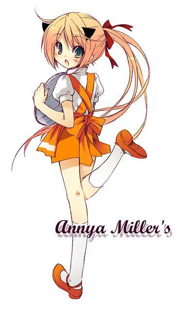 anna miller, original, 1girl, :o, blonde hair, female focus, green eyes, long hair, looking back, orange skirt, ponytail, shoes, skirt, socks, solo, standing, standing on one leg, tray, waitress, white background