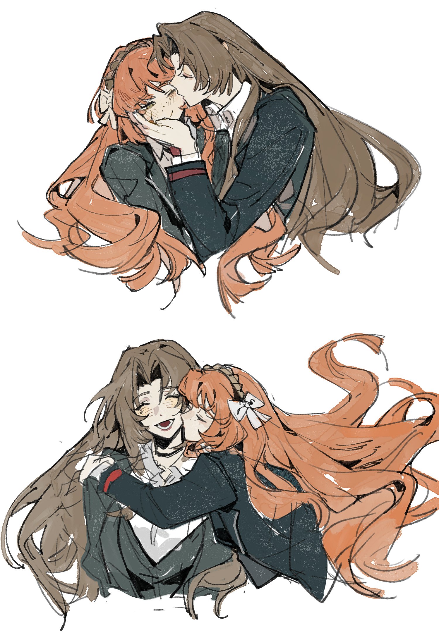 jingshenhuanghu, ishmael (project moon), rodion (project moon), limbus company, project moon, highres, 2girls, black coat, black vest, bow, brown hair, brown hairband, coat, collared shirt, freckles, green eyes, hair bow, hairband, kiss, kissing cheek, long hair, long sleeves, looking at another, looking at viewer, multiple girls, necktie, open mouth, orange hair, parted bangs, red necktie, shirt, simple background, upper body, vest, white background, white bow, white shirt, yuri