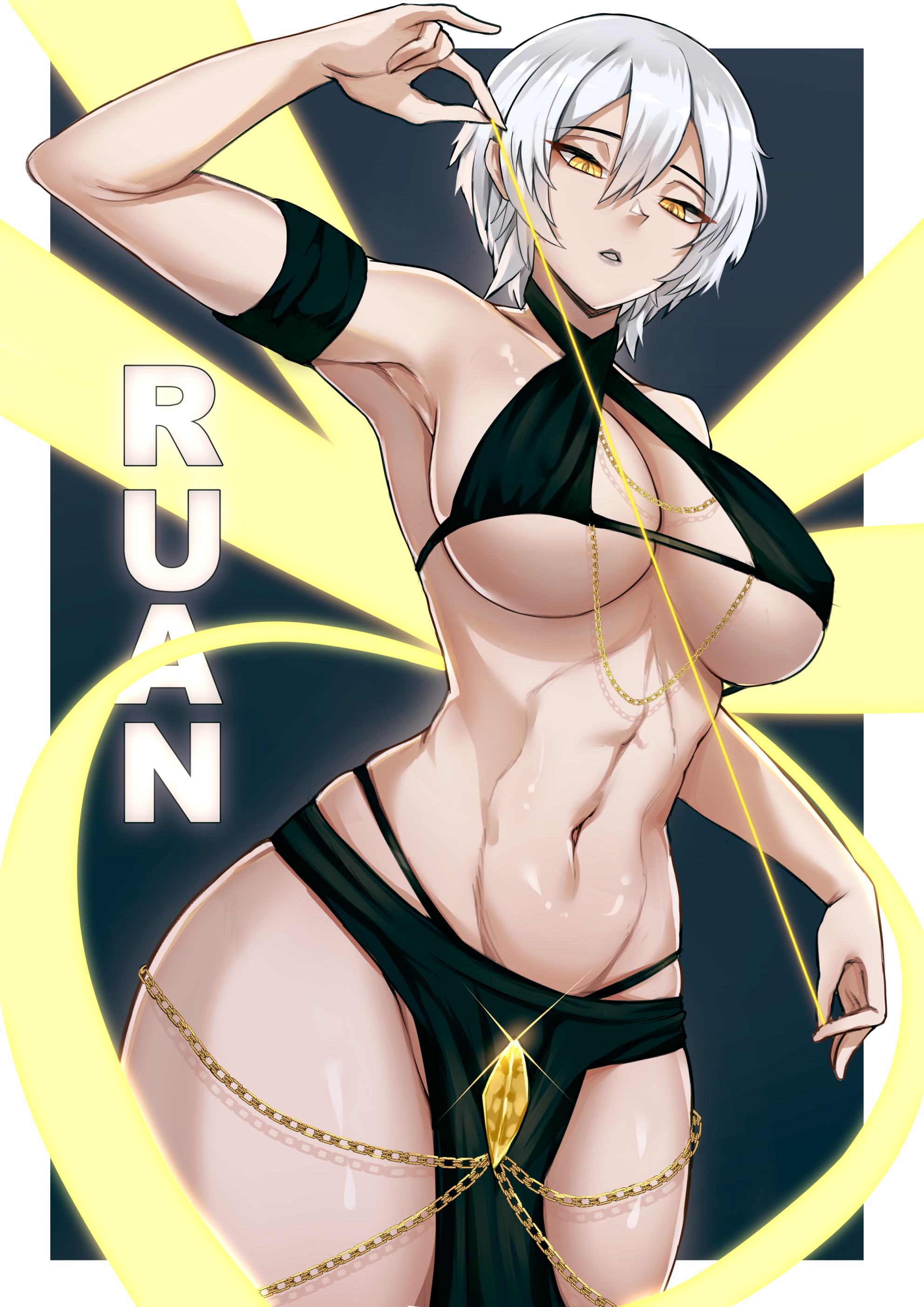 mchiefy, absurdres, character request, copyright request, highres, 1girl, bikini, black bikini, breasts, chain, criss-cross halter, gold chain, halterneck, holding, navel, parted lips, pelvic curtain, short hair, solo, stomach, swimsuit, toned, white hair, yellow eyes