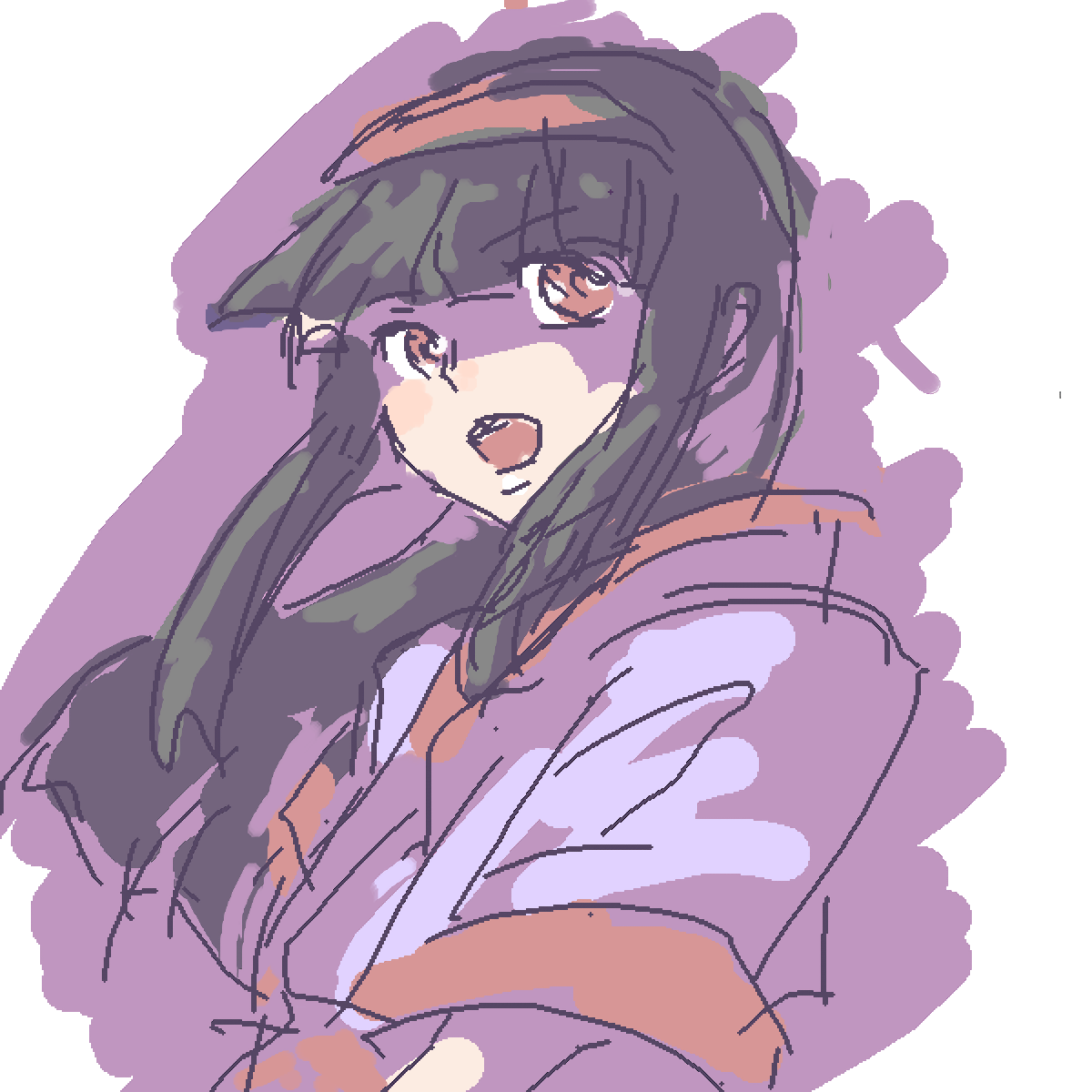 nakoruru, samurai spirits, snk, the king of fighters, highres, 1girl, ainu clothes, black hair, breasts, hair ornament, long hair, looking at viewer, oekaki, open mouth, red eyes, shaded face, small breasts, solo, teeth, tongue