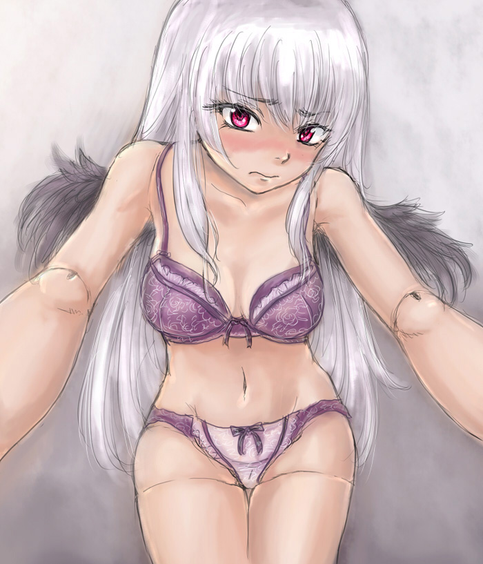osakana (denpa yun'yun), suigintou, rozen maiden, silver hair, 00s, 1girl, blush, bow, bow panties, bra, breasts, doll joints, female focus, joints, lingerie, long hair, panties, purple panties, red eyes, solo, underwear, underwear only, wings
