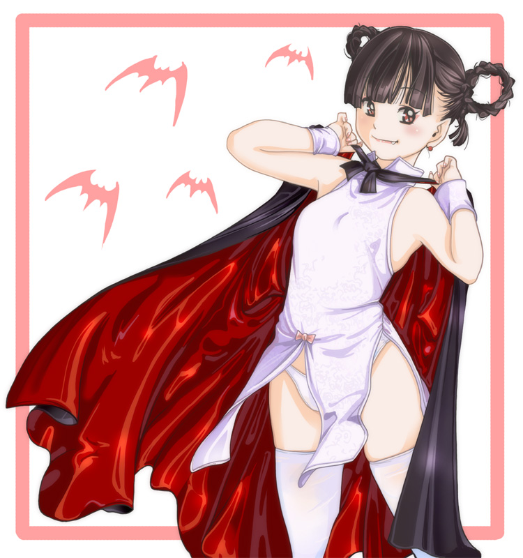 yozora, original, 1girl, cape, fang, fangs, female focus, hair rings, panties, solo, thighhighs, underwear, vampire