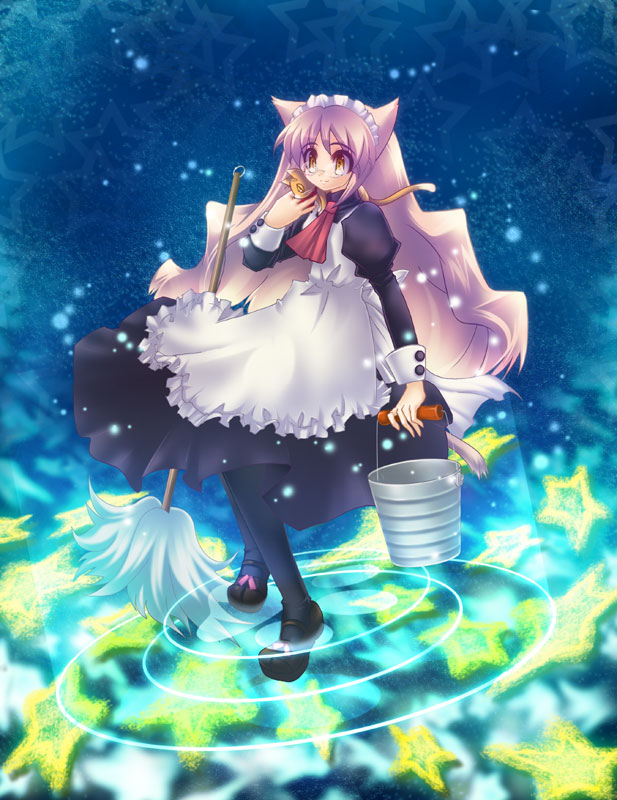 yuasa makoto, original, 1girl, animal ears, bucket, cat ears, female focus, glasses, maid, mop, solo