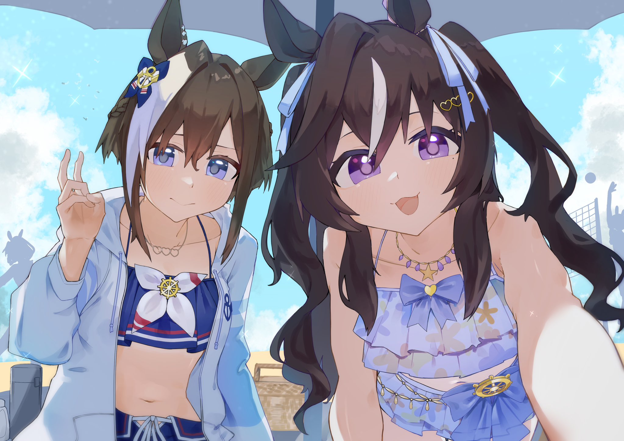 tetra (ktet4 illu), cheval grand (summer calm navy drop) (umamusume), cheval grand (umamusume), vivlos (eclat d'ete) (umamusume), vivlos (umamusume), umamusume, highres, 2girls, 2others, anchor hair ornament, animal ears, bare shoulders, basket, beach, beach volleyball, bikini, bikini skirt, blue bikini, blue eyes, blue jacket, breasts, brown hair, closed mouth, collarbone, ear ornament, faceless, floral print bikini, frilled bikini, frills, hair between eyes, hair ornament, heart, heart necklace, horse ears, horse girl, jacket, jewelry, long hair, looking at viewer, midriff, mole, mole under eye, multicolored hair, multiple girls, multiple others, navel, necklace, official alternate costume, official alternate hairstyle, open clothes, open jacket, open mouth, outdoors, smile, sportswear, star (symbol), star necklace, streaked hair, swimsuit, thermos, umbrella, v, volleyball, volleyball net, volleyball uniform, white jacket, white streaks