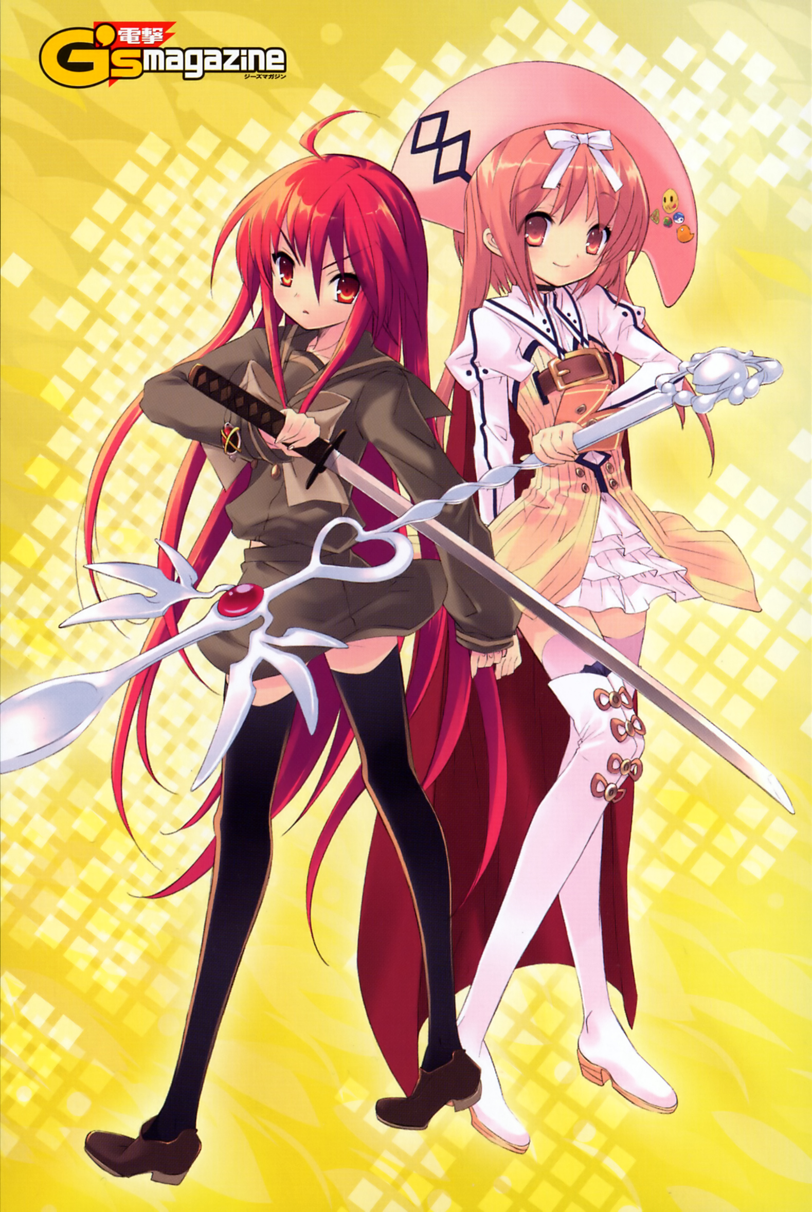 ito noizi, akihime sumomo, alastor (shakugan no shana), shana, nanatsuiro drops, shakugan no shana, highres, 00s, 2girls, jewelry, multiple girls, pendant, red hair, ribbon, school uniform, serafuku, smile, staff, sword, thighhighs, weapon