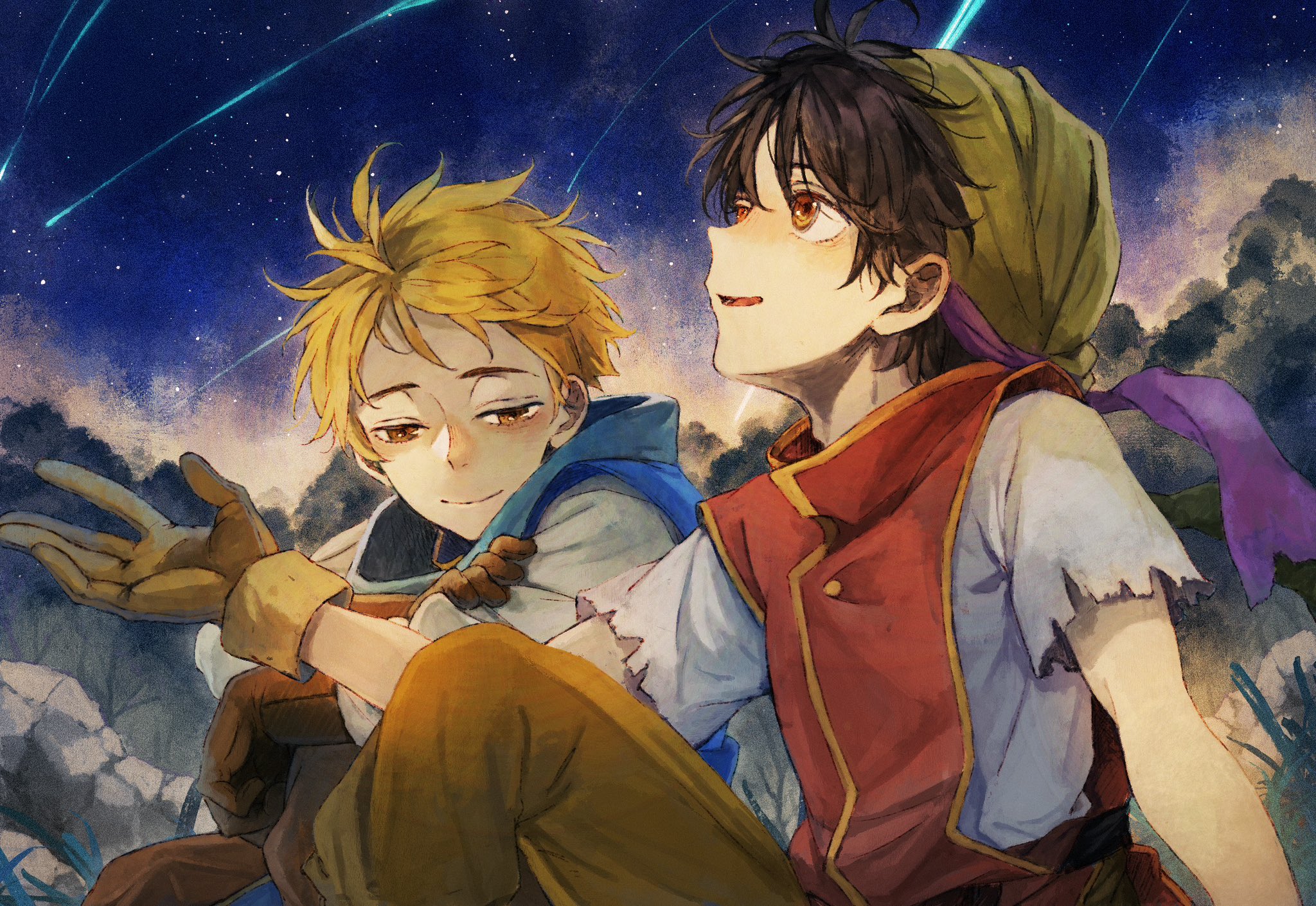 natori re, ted (suikoden), tir mcdohl, gensou suikoden, gensou suikoden i, highres, 2boys, bandana, black hair, blonde hair, gloves, light smile, looking up, multiple boys, outdoors, outstretched hand, red tunic, short hair, sleeveless, star (sky), tunic