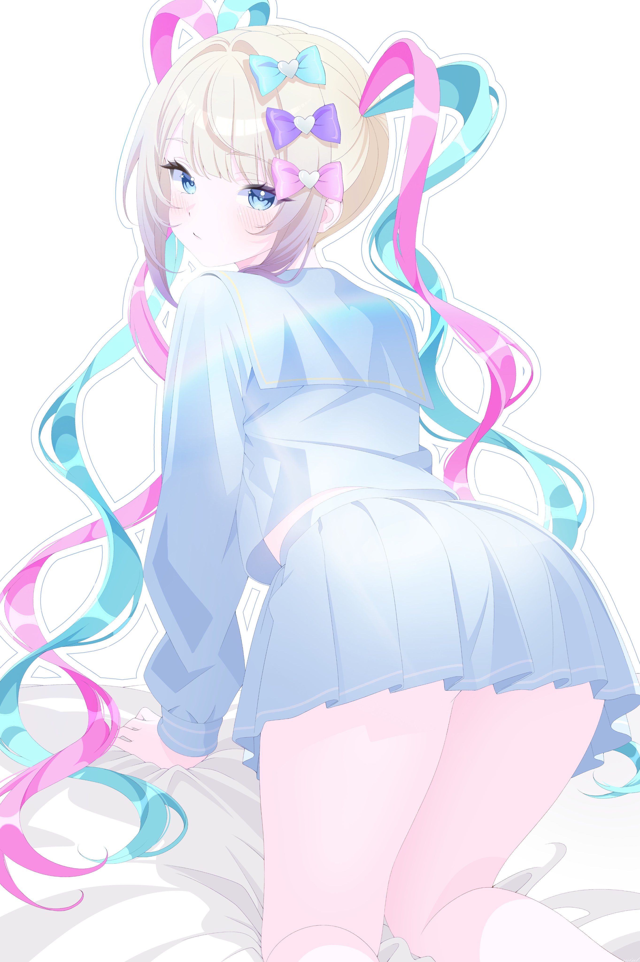 chouzetsusaikawa tenshi-chan, needy girl overdose, absurdres, highres, 1girl, ass, blonde hair, blue eyes, blue serafuku, blunt bangs, blush, bow, breasts, feet out of frame, from behind, hair bow, large breasts, looking at viewer, midriff peek, mintikmeow, multiple hair bows, school uniform, serafuku, solo