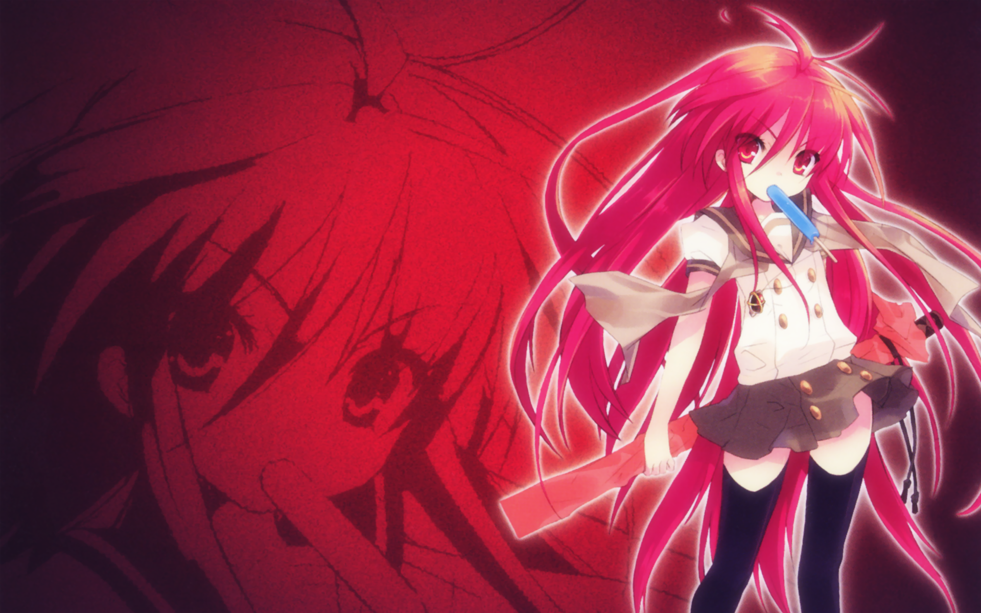 ito noizi, alastor (shakugan no shana), shana, shakugan no shana, highres, 00s, 1girl, female focus, food, jewelry, pendant, popsicle, red hair, school uniform, serafuku, solo, sword, thighhighs, weapon, zoom layer