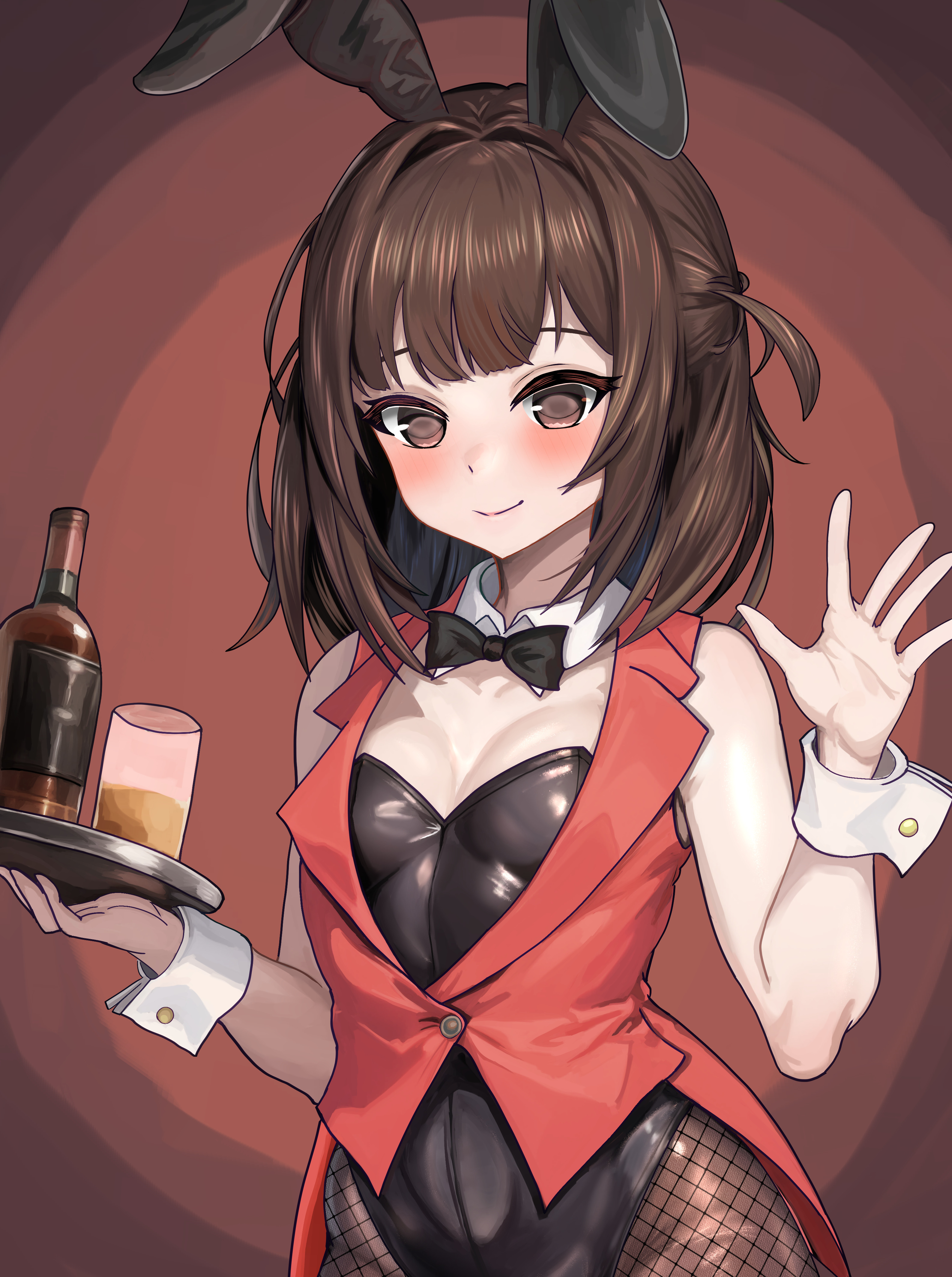 da-negi, original, absurdres, commentary request, commission, highres, skeb commission, 1girl, alcohol, animal ears, bare arms, bare shoulders, black bow, black bowtie, black pantyhose, blunt bangs, bow, bowtie, breasts, brown eyes, brown hair, brown pantyhose, closed mouth, cowboy shot, cup, detached collar, dot nose, fake animal ears, fishnet pantyhose, fishnets, gradient background, hand up, highleg, highleg leotard, holding, holding tray, leotard, liquor, medium hair, no pupils, pantyhose, playboy bunny, red background, red vest, shadow, small breasts, smile, solo, strapless, strapless leotard, tray, vest, wrist cuffs