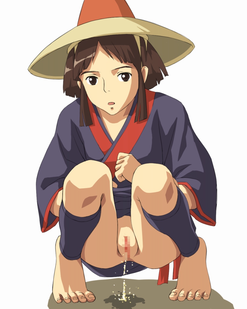 orga, kaya (mononoke hime), mononoke hime, studio ghibli, 1990s (style), 1girl, barefoot, brown eyes, brown hair, censored, feet, female focus, hat, japanese clothes, kimono, mosaic censoring, no panties, pee, peeing, pussy, retro artstyle, short hair, solo, squatting
