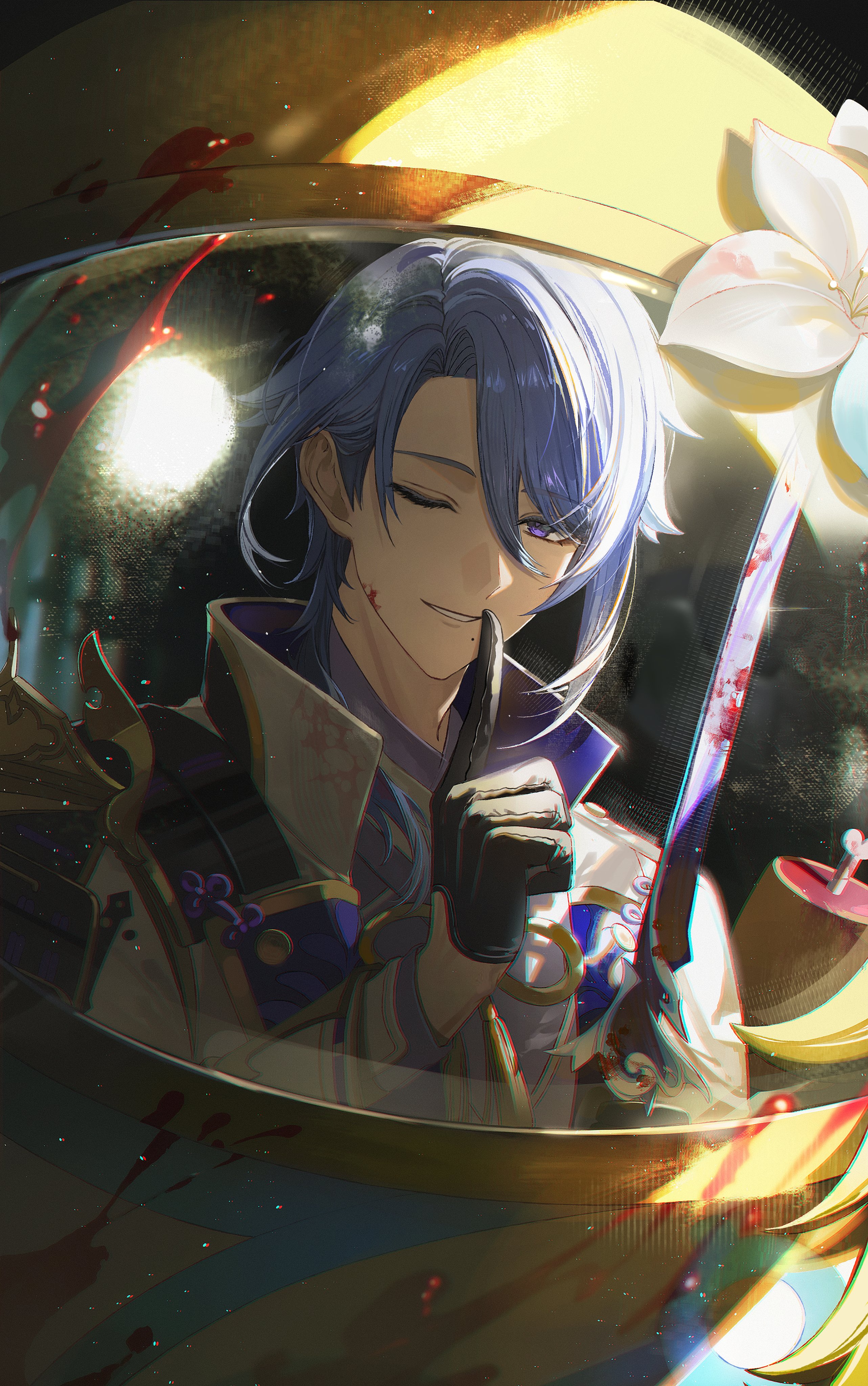 isobe47, crewmate (among us), dead body (among us), kamisato ayato, lumine (genshin impact), among us, genshin impact, absurdres, bilingual commentary, highres, mixed-language commentary, 1boy, 1girl, armor, asymmetrical armor, asymmetrical hair, black armor, black gloves, blood, blood on clothes, blood on face, bloody weapon, blue hair, chromatic aberration, crossover, curtained hair, finger to mouth, flower, glint, gloves, hair behind ear, hair between eyes, hair over shoulder, half gloves, hand up, haran geppaku futsu (genshin impact), holding, holding sword, holding weapon, index finger raised, jacket, japanese armor, light particles, long sleeves, male focus, medium hair, mole, mole under mouth, one eye closed, parted bangs, popped collar, purple eyes, purple shirt, reflection, reflection focus, shirt, shoulder armor, single sode, smile, sode, sword, weapon, white flower, white jacket