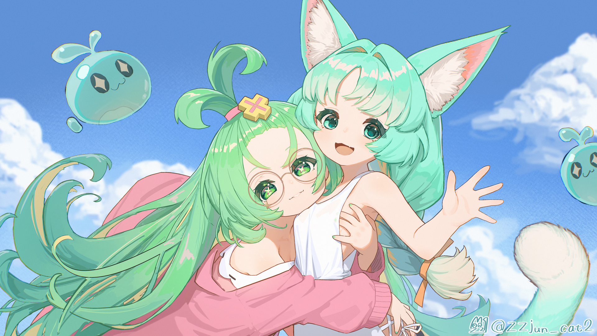 chack520, original, chinese commentary, commentary request, highres, 2girls, animal ears, breasts, cardigan, cat ears, cat girl, cat tail, closed mouth, dress, green eyes, green hair, long hair, long sleeves, looking at viewer, multiple girls, open mouth, pink cardigan, small breasts, tail, white dress