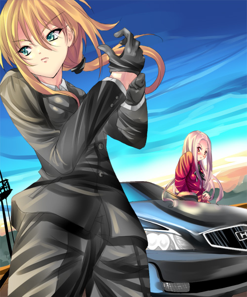 artoria pendragon (fate), irisviel von einzbern, saber (fate), fate/stay night, fate/zero, fate (series), honda, 00s, blush, car, formal clothes, gloves, green eyes, long hair, motor vehicle, pant suit, pants, ponytail, red eyes, suit, white hair