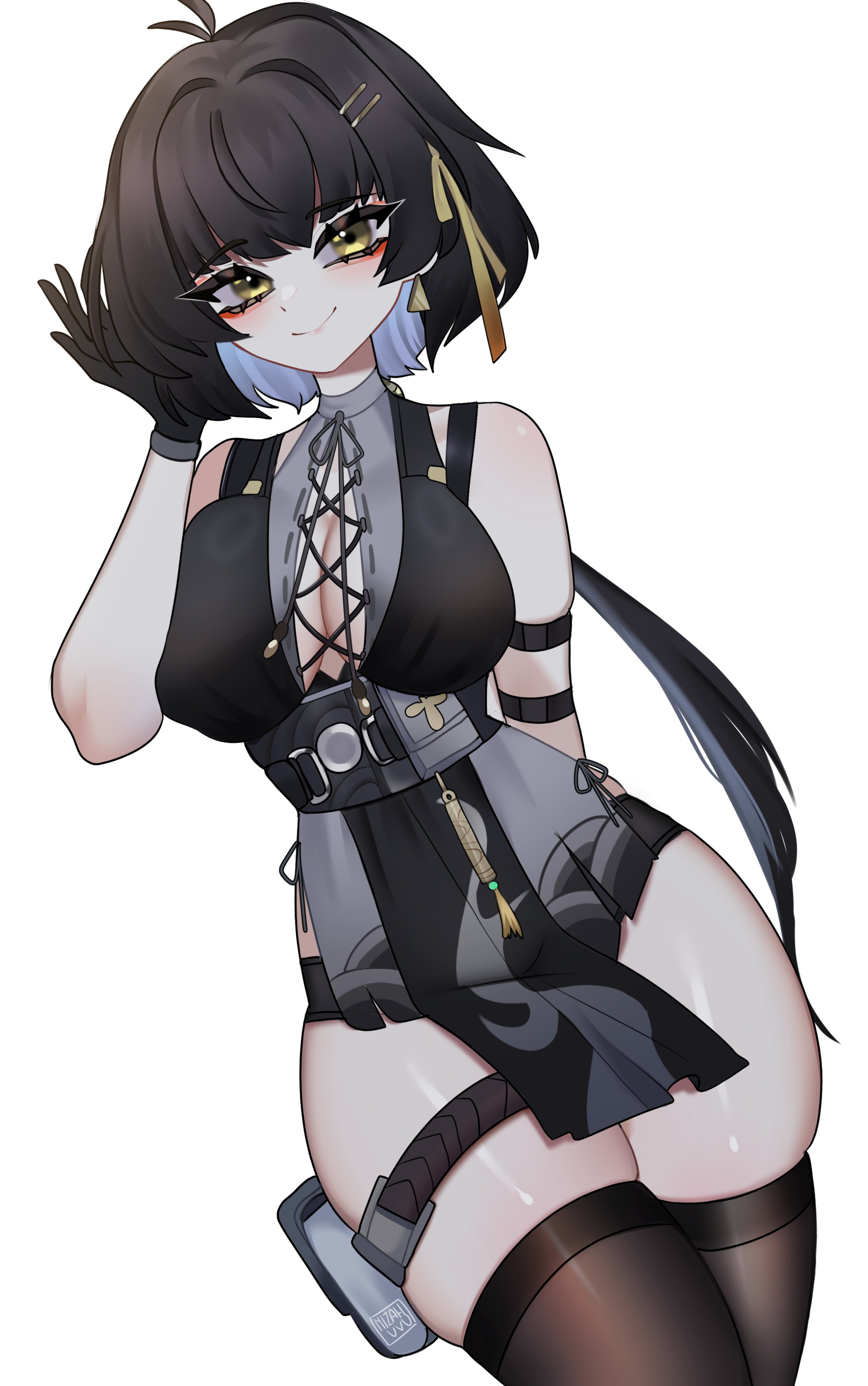 mizah (mizah), female rover (wuthering waves), rover (wuthering waves), wuthering waves, absurdres, commentary, highres, 1girl, arm behind back, bare shoulders, black dress, black gloves, black hair, black thighhighs, breasts, closed mouth, colored inner hair, cowboy shot, cross-laced clothes, cross-laced dress, dress, earrings, gloves, hair ornament, hair ribbon, hairclip, hand up, jewelry, large breasts, long hair, looking at viewer, low ponytail, multicolored hair, parallel hairclips, ponytail, pouch, ribbon, short shorts, shorts, skindentation, sleeveless, sleeveless dress, solo, thigh pouch, thighhighs, thighs, triangle earrings, yellow eyes, yellow ribbon