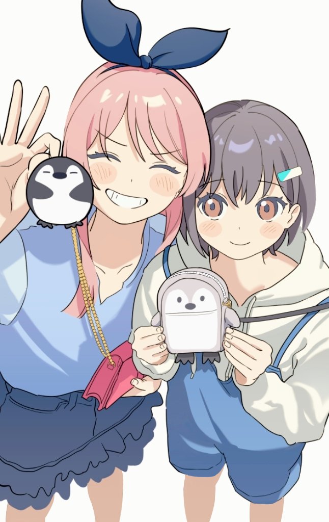 akdrh25, chihaya anon, takamatsu tomori, bang dream!, bang dream! it's mygo!!!!!, commentary, 2girls, blue overalls, blue ribbon, blue shirt, blue skirt, blush, brown eyes, closed mouth, grey hair, hair ornament, hair ribbon, hairclip, long hair, multiple girls, overalls, pink bag, pink hair, ribbon, shirt, short hair, simple background, skirt, smile, white background