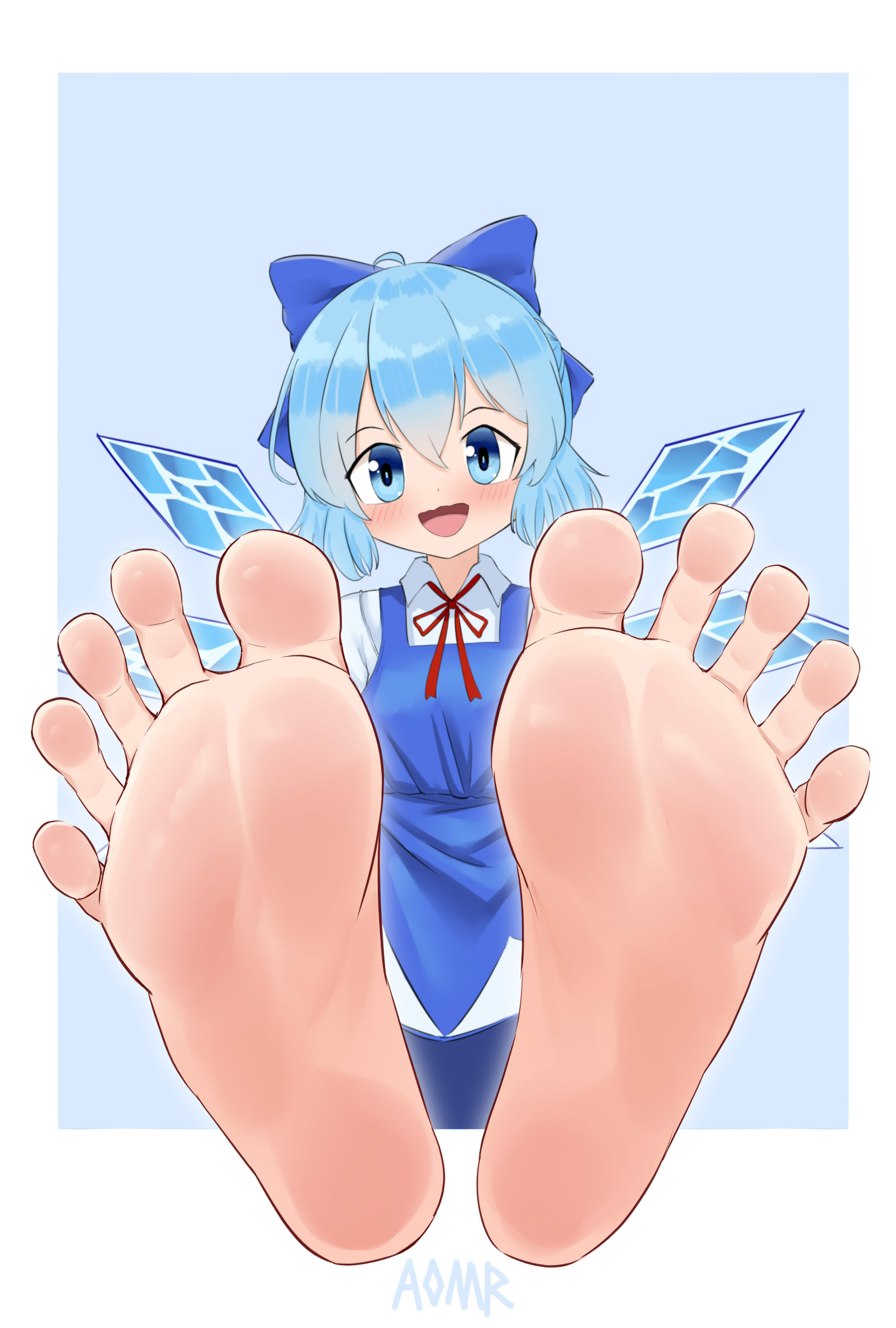aomoro, cirno, touhou, absurdres, highres, 1girl, barefoot, blue eyes, blue hair, blush, feet, looking at viewer, medium hair, open mouth, soles, toes