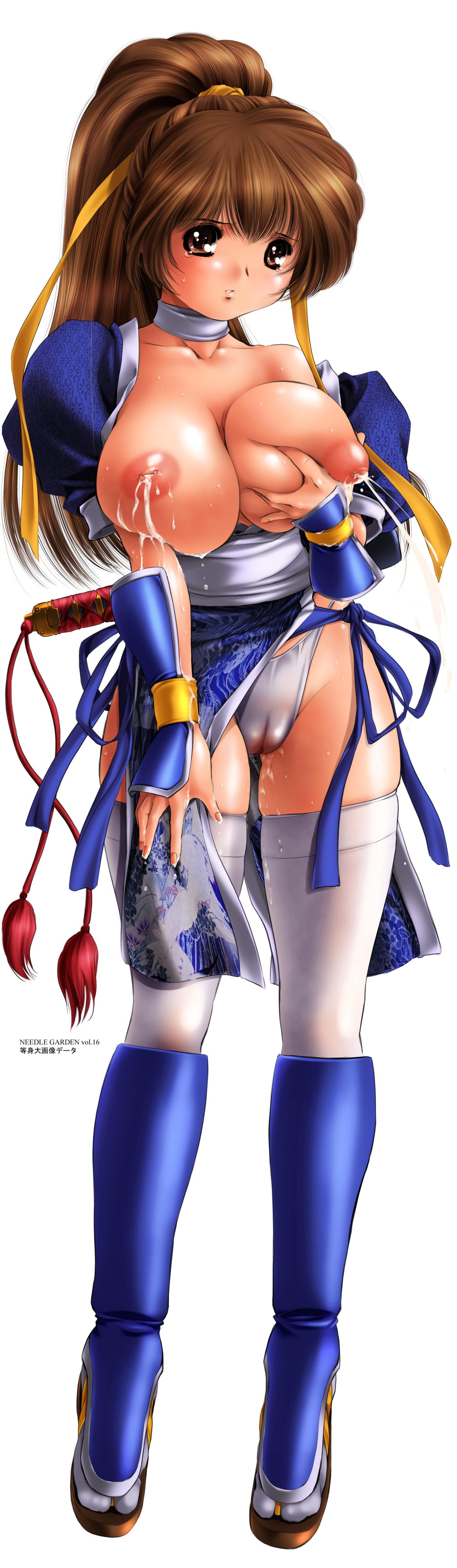 kantori, kasumi (doa), dead or alive, tecmo, absurdres, highres, long image, non-web source, tall image, 1girl, blush, breasts, brown hair, cameltoe, choker, cover, female focus, grabbing another's breast, grabbing own breast, groping, hair ribbon, huge breasts, inverted nipples, japanese clothes, lactation, loincloth, long hair, milk, ninja, nipples, no bra, panties, ponytail, puffy nipples, pussy juice, red eyes, ribbon, sandals, socks, solo, sweat, sword, tabi, tears, thighhighs, underwear, weapon, weapon on back, white panties, white socks, white thighhighs