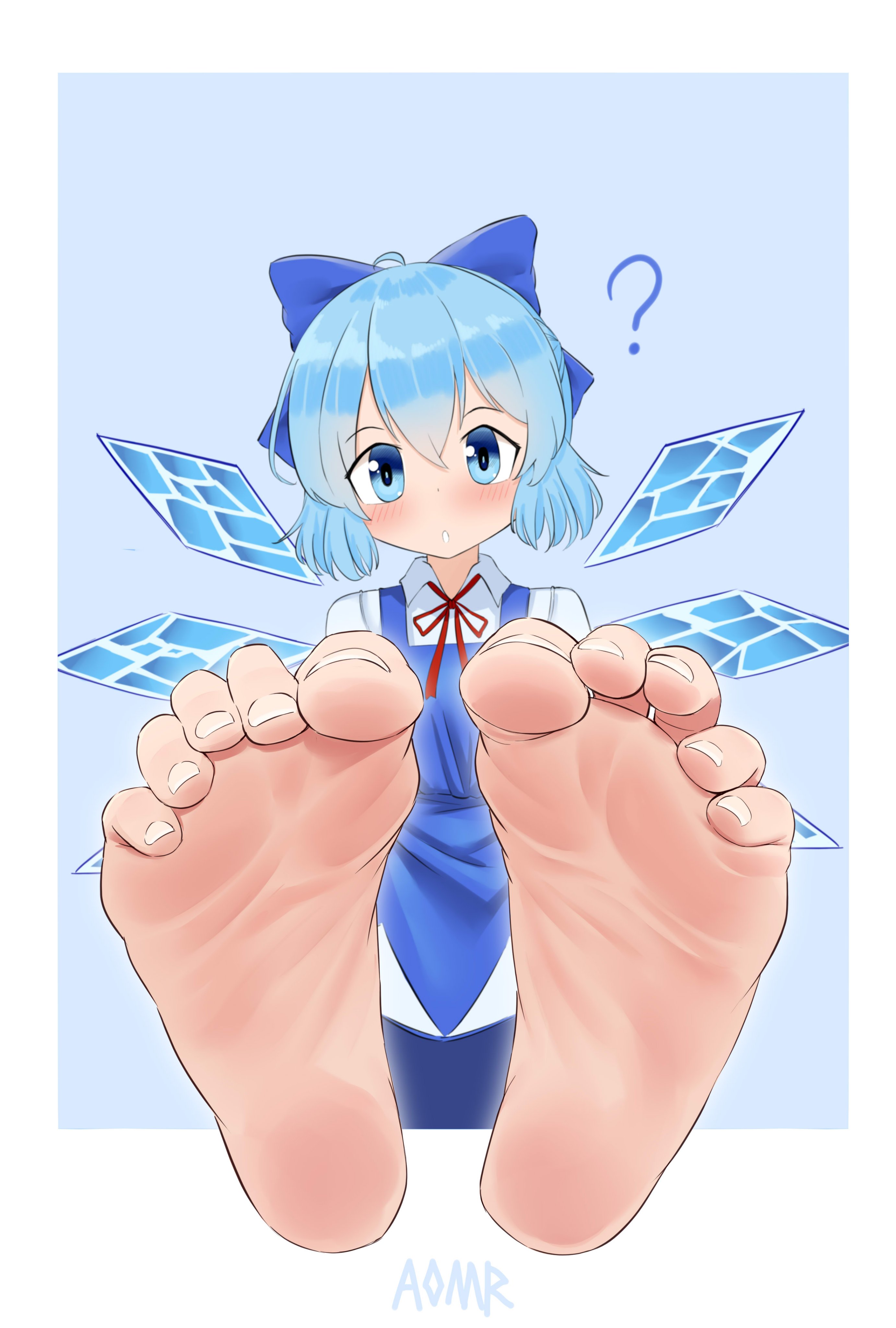 aomoro, cirno, touhou, absurdres, highres, 1girl, barefoot, blue eyes, blue hair, blush, feet, looking at viewer, medium hair, parted lips, soles, toes