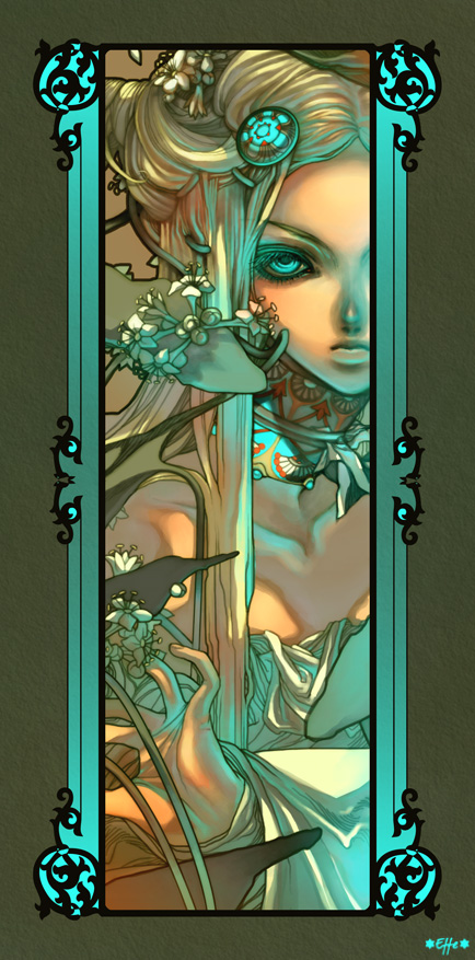0effe0, long image, tall image, blue eyes, elf, flower, leaf, long hair, pointy ears, solo
