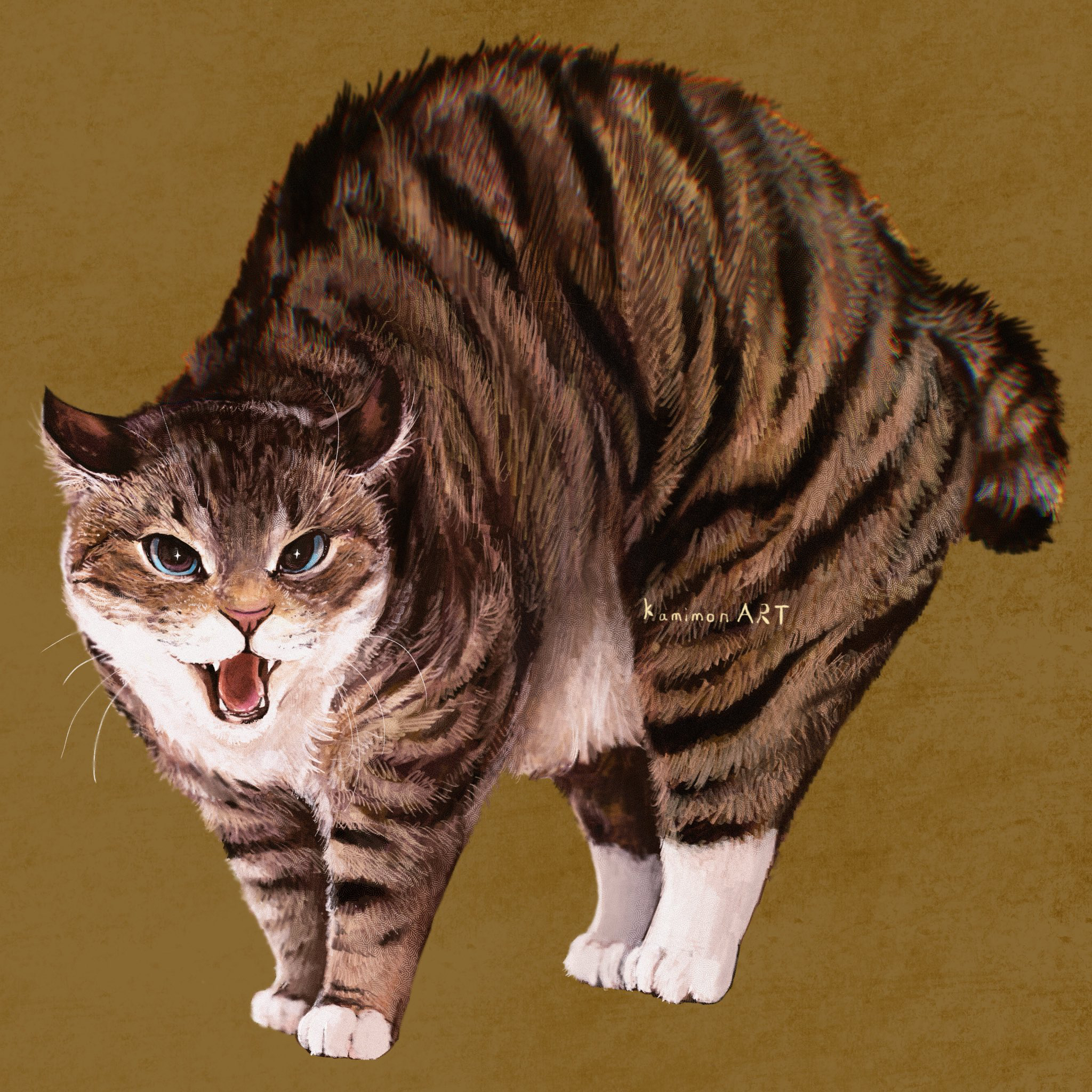kamimon2016, original, commentary request, highres, animal, animal focus, artist name, brown background, cat, fangs, grey cat, looking at viewer, no humans, open mouth, whiskers