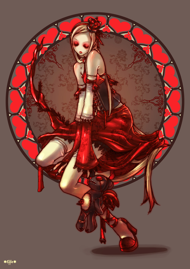 0effe0, 1girl, artist name, bare shoulders, blonde hair, closed eyes, corset, crown, detached sleeves, doll, female focus, hair ornament, hat, long hair, long sleeves, red shoes, red skirt, sad, shadow, shoes, sitting, skirt, solo, stuffed animal, stuffed toy, thighhighs, very long hair, white thighhighs, wide sleeves