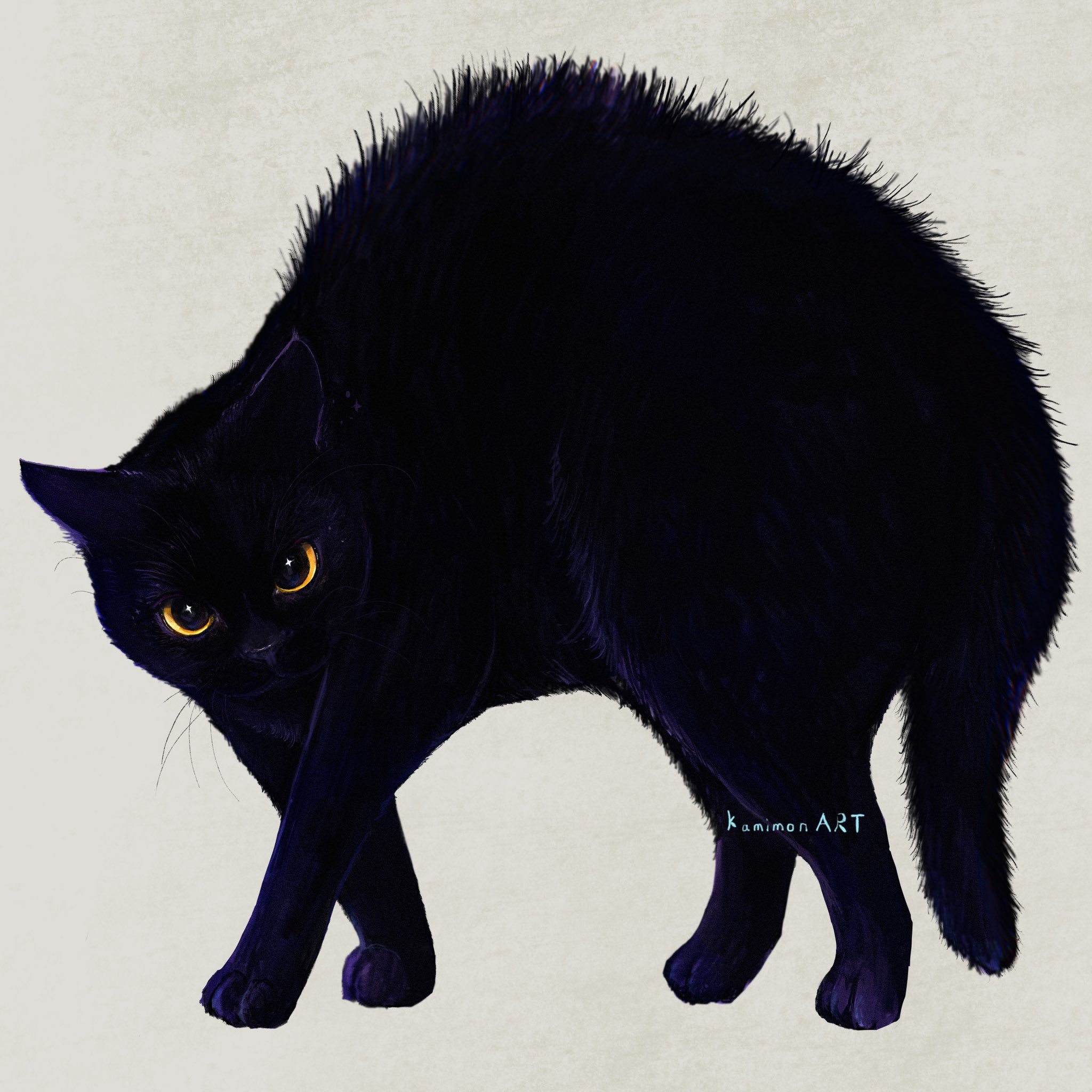 kamimon2016, original, commentary request, highres, animal, animal focus, artist name, black cat, cat, grey background, looking at viewer, no humans, whiskers