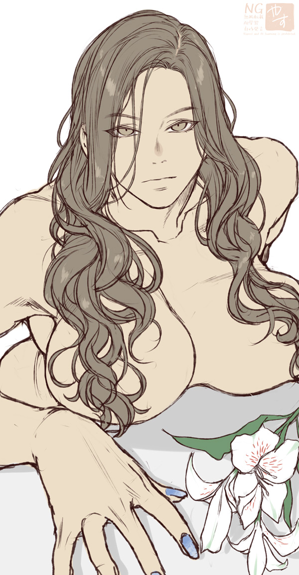 yasunososaku, original, blue nails, breast rest, breasts, breasts on table, broad shoulders, brown eyes, brown hair, covered erect nipples, flower, large breasts, long hair, partially undressed