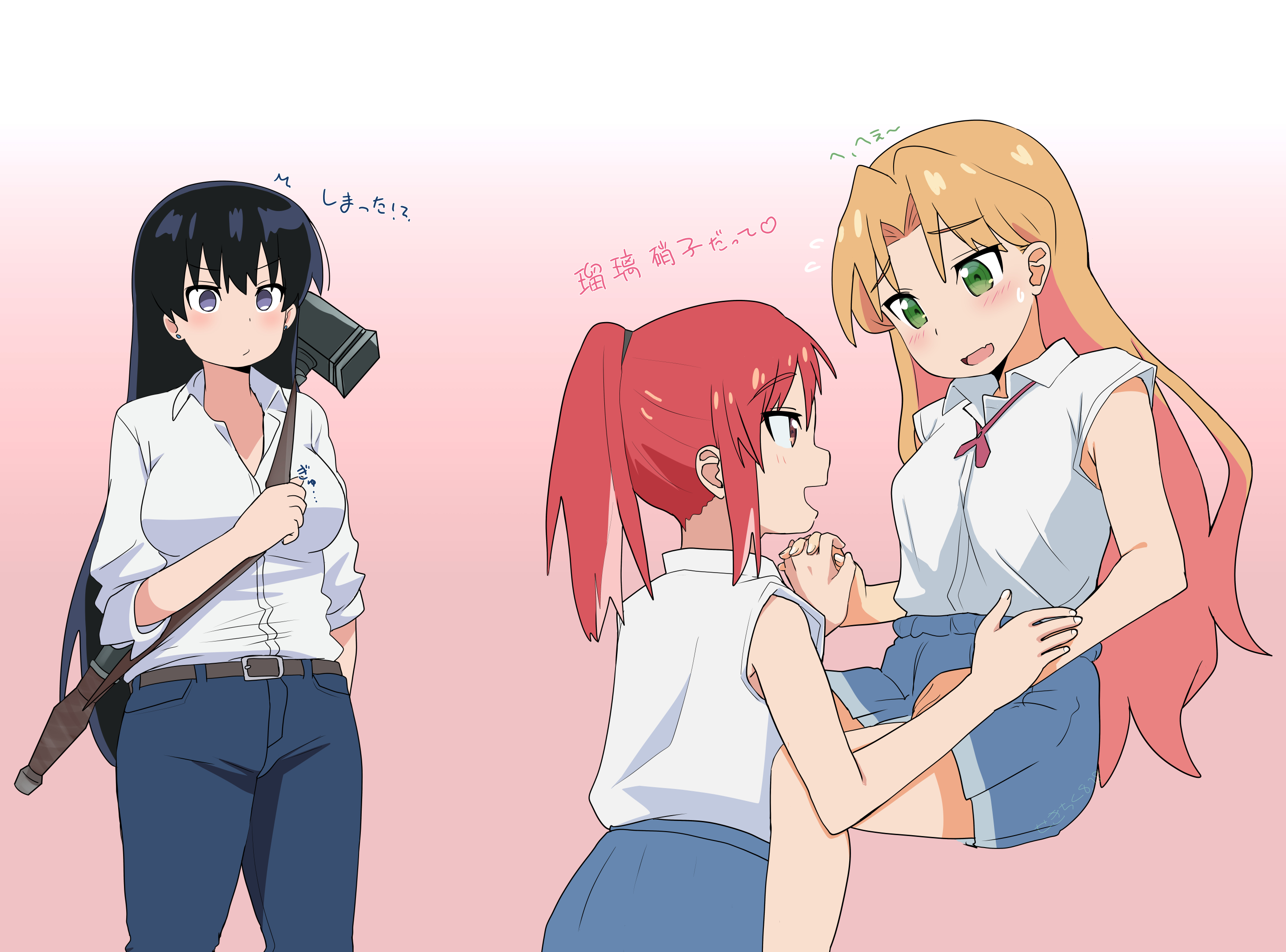 seat (so studios), arato nagi, seto shouko, tanigawa ruri, ruri no houseki, commentary, highres, translated, 3girls, :d, ^^^, bare arms, bare legs, belt, black hair, blue pants, blue skirt, blush, breasts, brown belt, earrings, flying sweatdrops, gradient background, green eyes, hammer, holding hands, interlocked fingers, jealous, jewelry, large breasts, long hair, looking at another, multicolored hair, multiple girls, open mouth, orange hair, pants, pink background, pink hair, ponytail, pout, pun, red eyes, red hair, shirt, short sleeves, simple background, skirt, smile, stud earrings, sweatdrop, two-tone hair, very long hair, white shirt, yuri