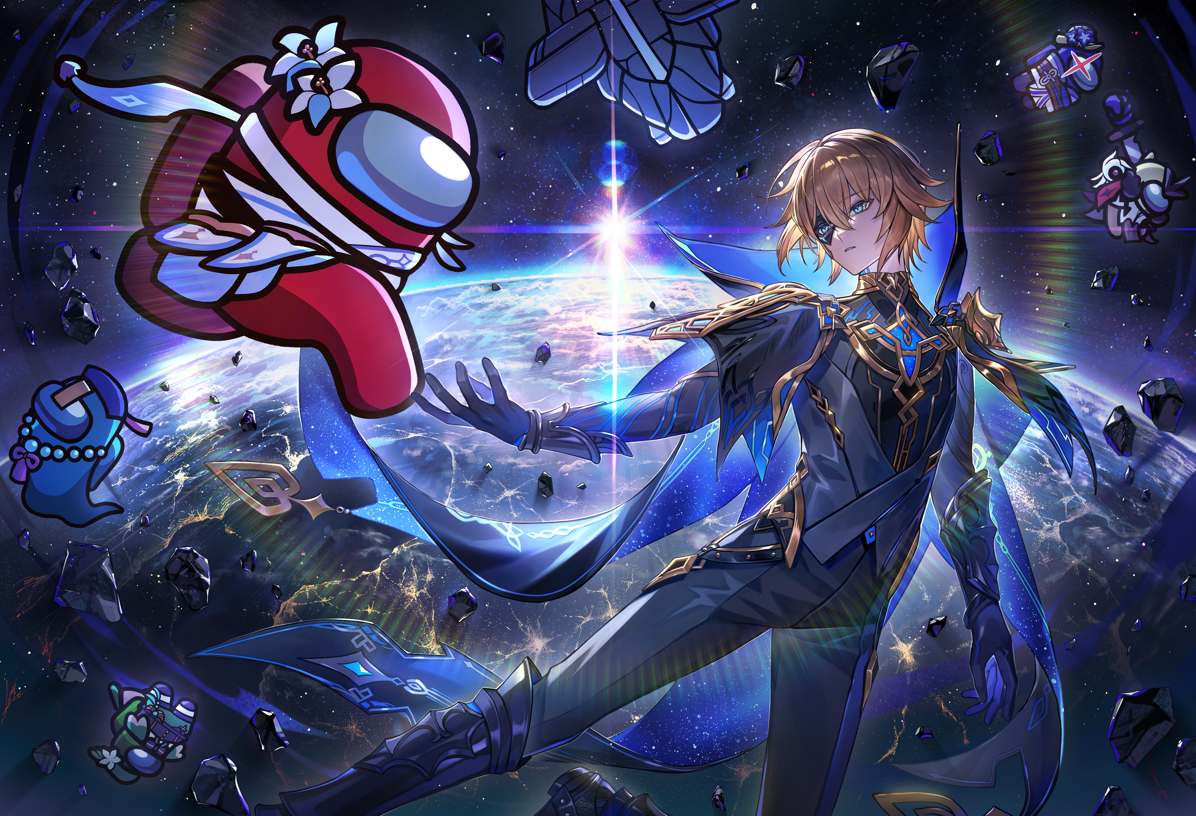 tsugutoku, crewmate (among us), dainsleif (genshin impact), ghost (among us), green (among us), impostor (among us), lumine (genshin impact), purple (among us), qiqi (genshin impact), raiden shogun, red (among us), signora (genshin impact), venti (genshin impact), yellow (among us), among us, genshin impact, absurdres, commentary request, highres, 2boys, 4girls, arm at side, bead necklace, beads, beret, black boots, black cape, black corset, black gloves, black mask, black pants, black shirt, blonde hair, blue eyes, boots, cape, collared cape, corset, crossover, debris, dress, flower, fur trim, gloves, green hat, green shorts, grey vest, hair between eyes, half mask, hat, holding, holding sword, holding weapon, jewelry, knee boots, long sleeves, looking at another, male focus, mask, multiple boys, multiple girls, mystical high collar, necklace, obi, obiage, obijime, outdoors, outstretched arm, pants, parted lips, planet, purple flower, reaching, reaching towards another, red sash, sash, scarf, shirt, short hair, shorts, space, stab, star-shaped pupils, star (sky), star (symbol), sword, symbol-shaped pupils, two-sided cape, two-sided fabric, vest, weapon, white dress, white flower, white scarf
