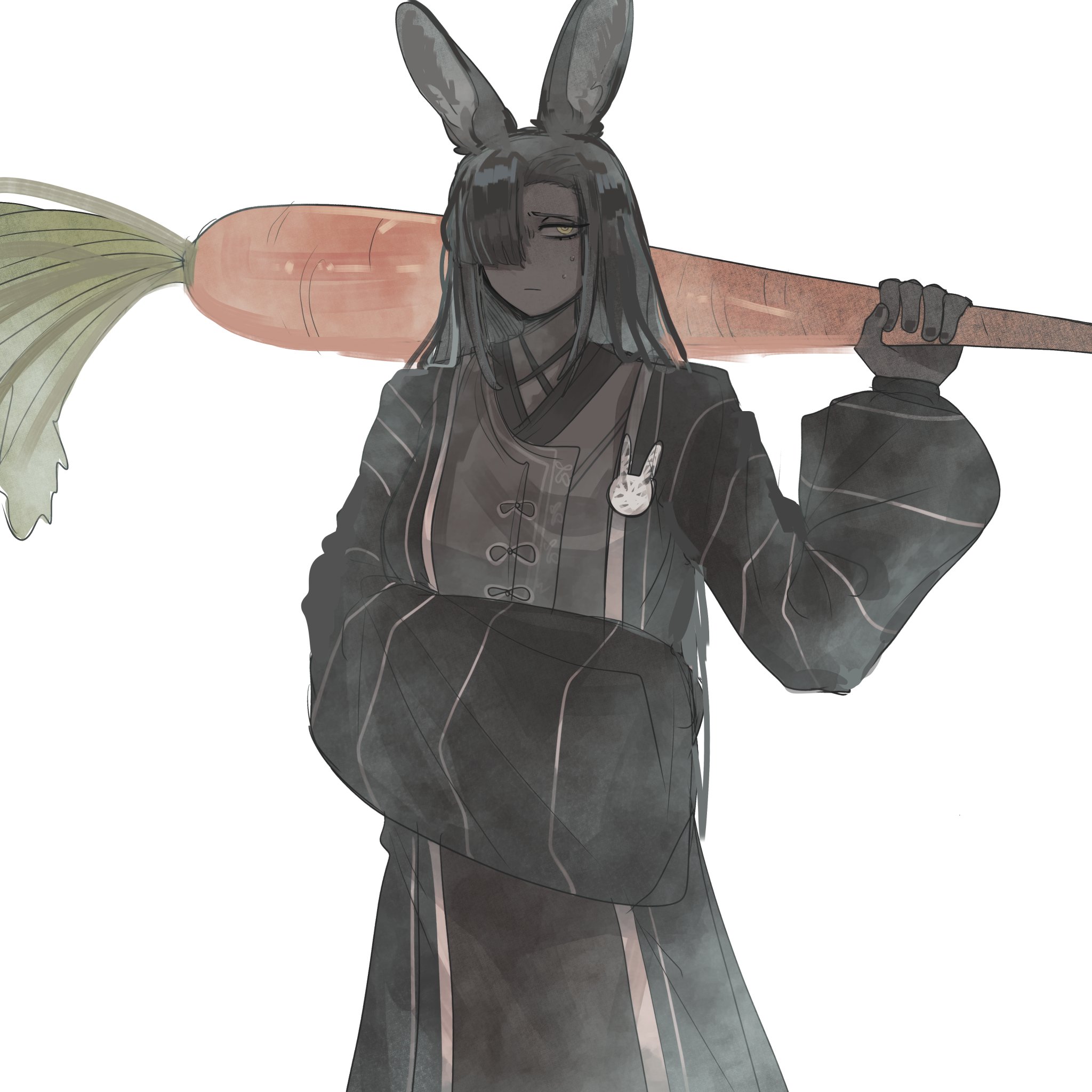 zilu (project moon), limbus company, project moon, highres, 1girl, animal ears, black hair, black hanfu, carrot, chinese clothes, dark-skinned female, dark skin, hair over one eye, hanfu, holding, holding carrot, long hair, long sleeves, looking at viewer, luoyerrrrr, one eye covered, rabbit ears, rabbit girl, rabbit pin, simple background, solo, standing, upper body, white background, yellow eyes